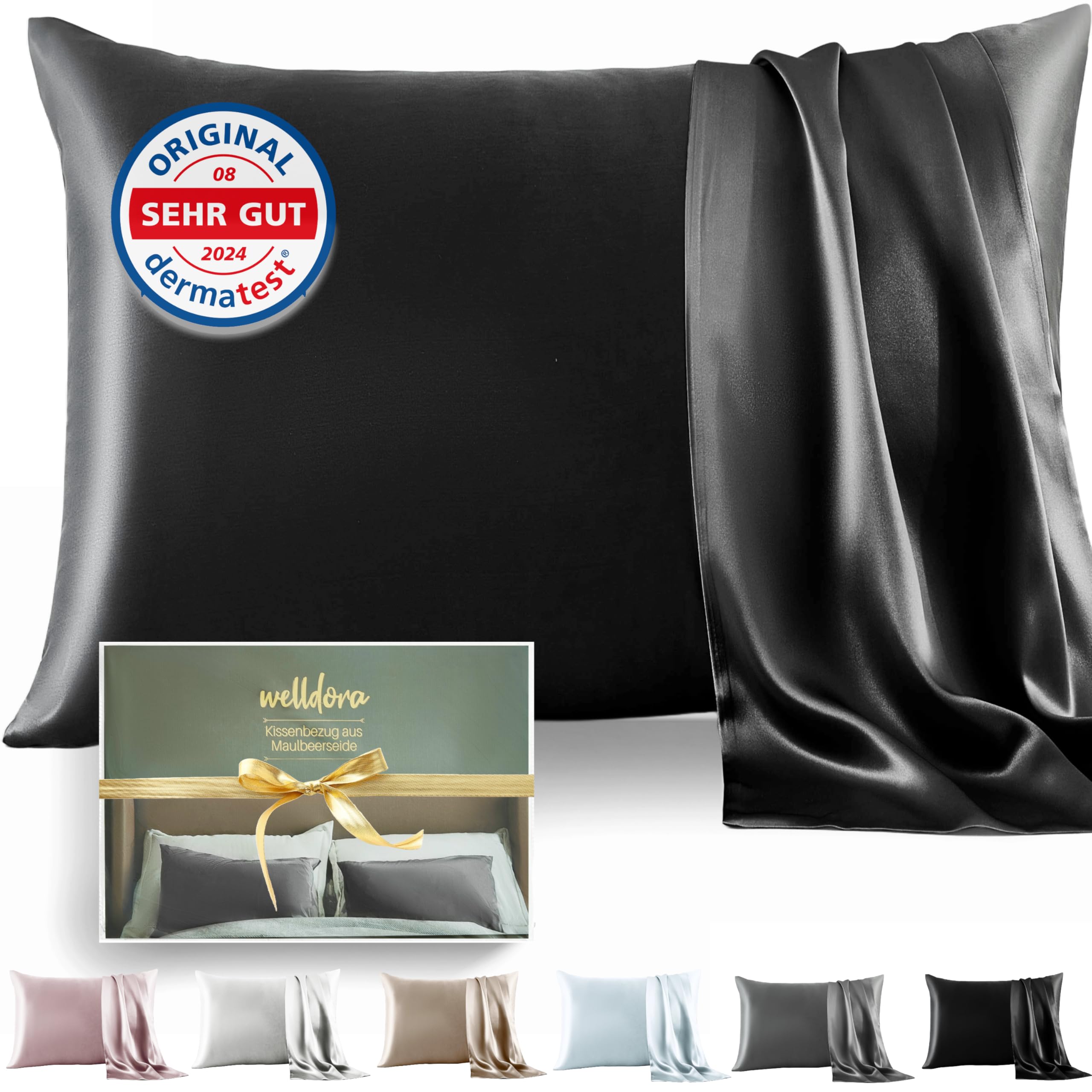Welldora Kissenbezug aus 100% Seide 50x70 | Hohes Gewicht: 22 Momme, ideal für Haut und Haar | Höchste Güteklasse 6A | Zertifiziert in der Schweiz | Oeko-Tex* Seidenkissenbezug Graphitschwarz