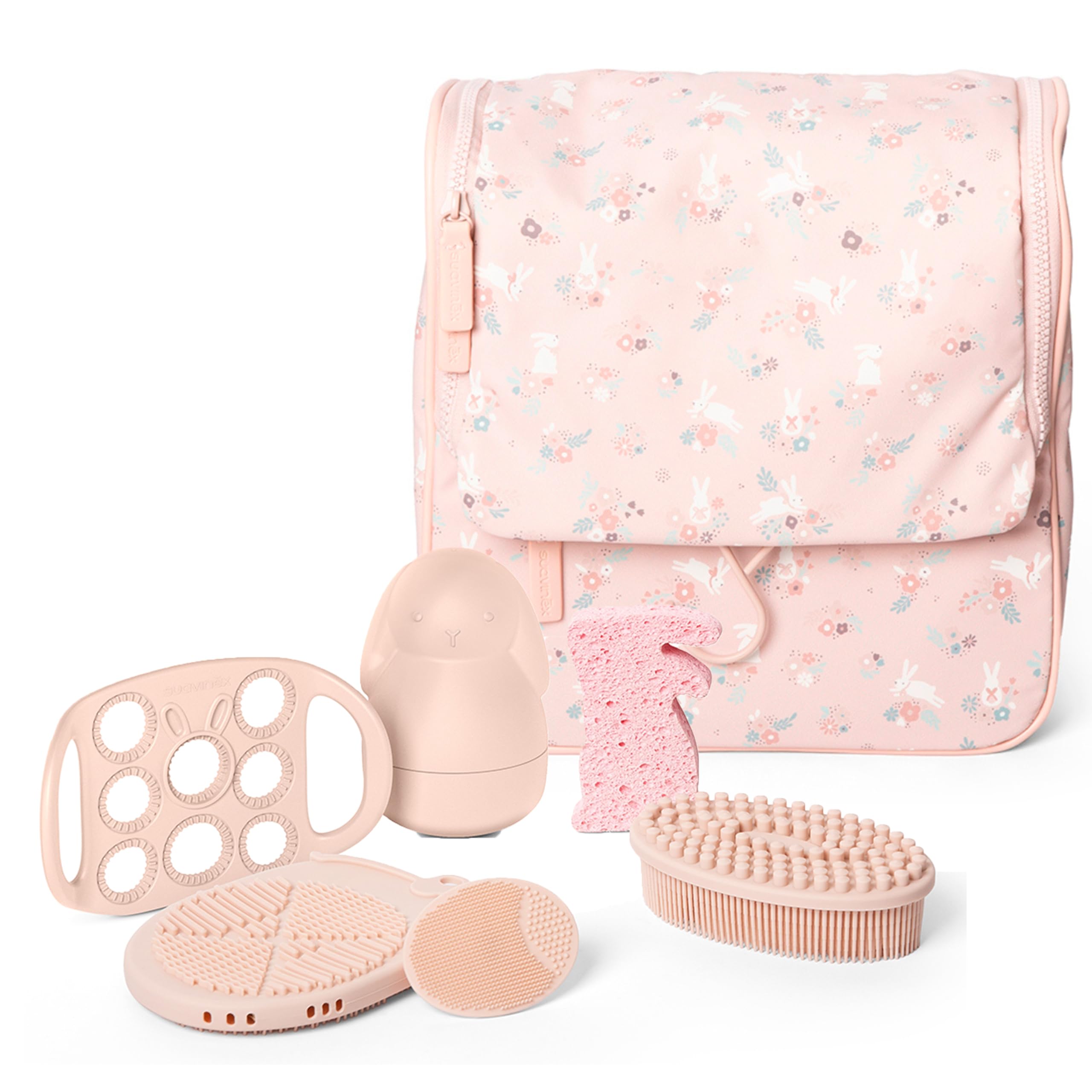 Suavinex, Kit Baño Bebé con Neceser, Set Higiene Recién Nacido, Rosa | Con: Esponja + Cepillos + Guante Baño + Pompero + Juguete. Con Bolsillos, Cremalleras, Espejo y Colgador, Gran Capacidad