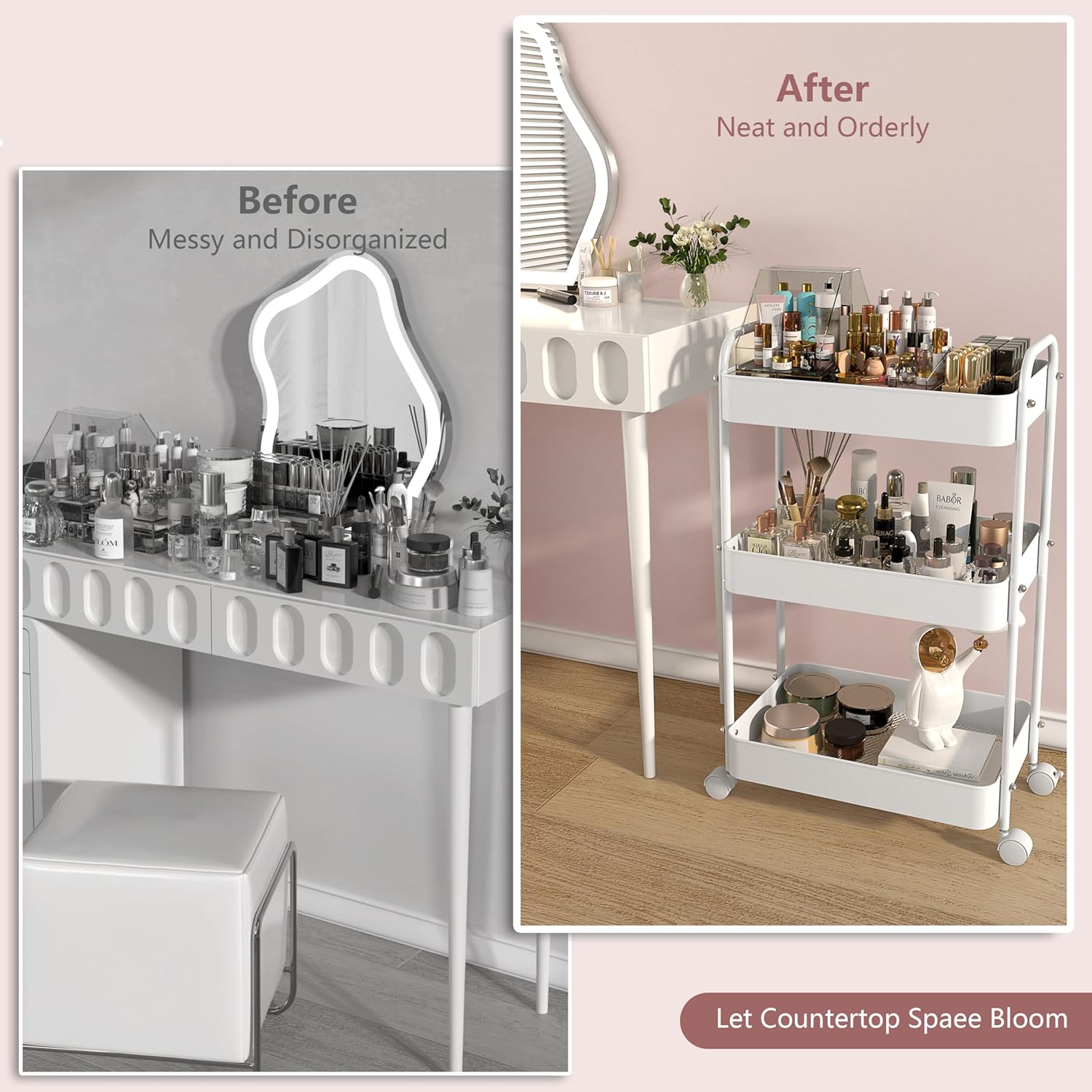 3 Tier Makeup Organizer Cart, Skincare Organizer Floor Carts with Wheels, Vanity Cosmetic Organizer Storage, Nail Polish Hair Tool Display Case Holder, Easy to Assemble