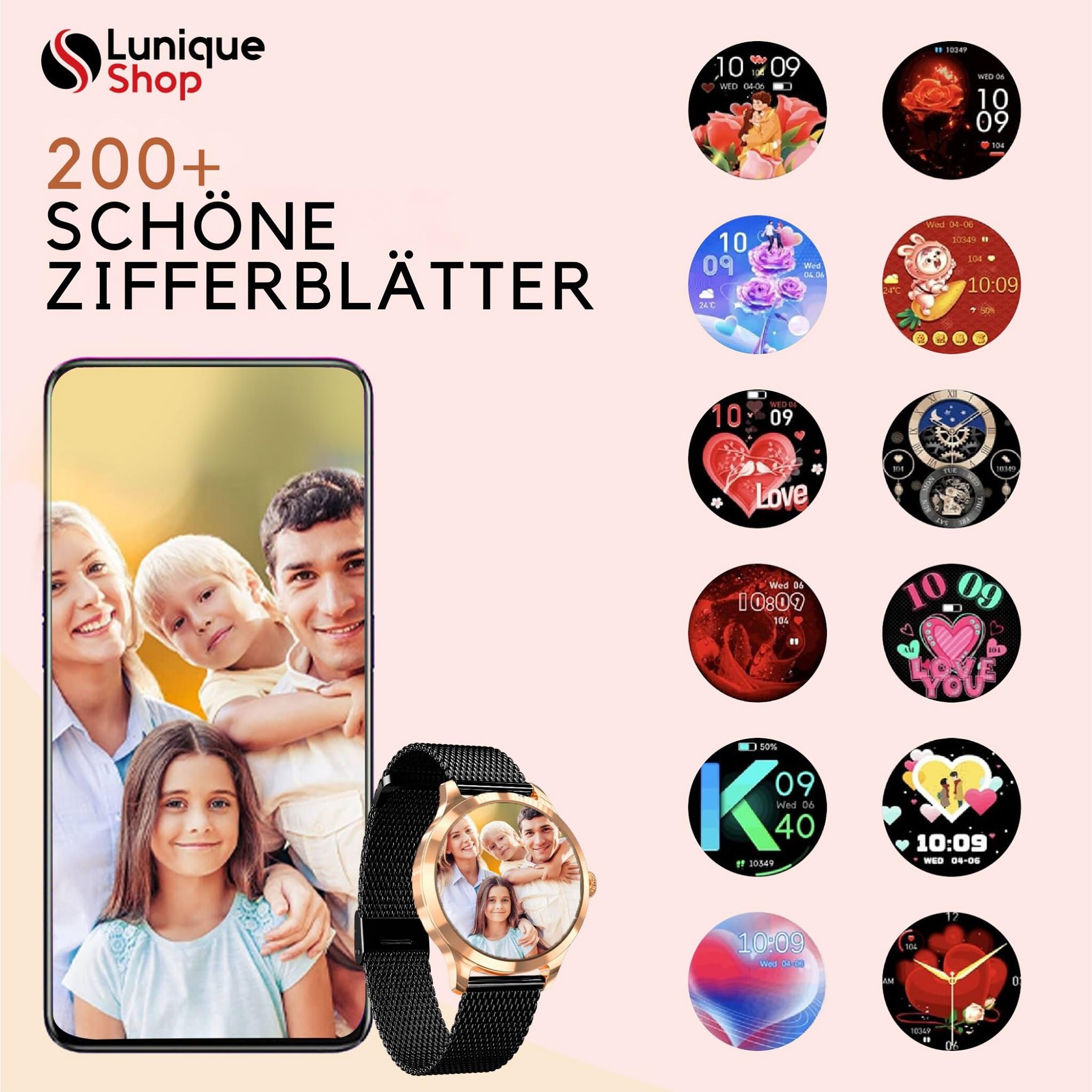 LUNIQUESHOP Round Smartwatch V2 für Frauen Telefonfunktion, Sprachassistent|Kleiner runder 1,19" 120 Sports Herzfrequenzmonitor Blutdruckmonitor Schlafmonitor Damenuhr Android iOS Schwartz Gold