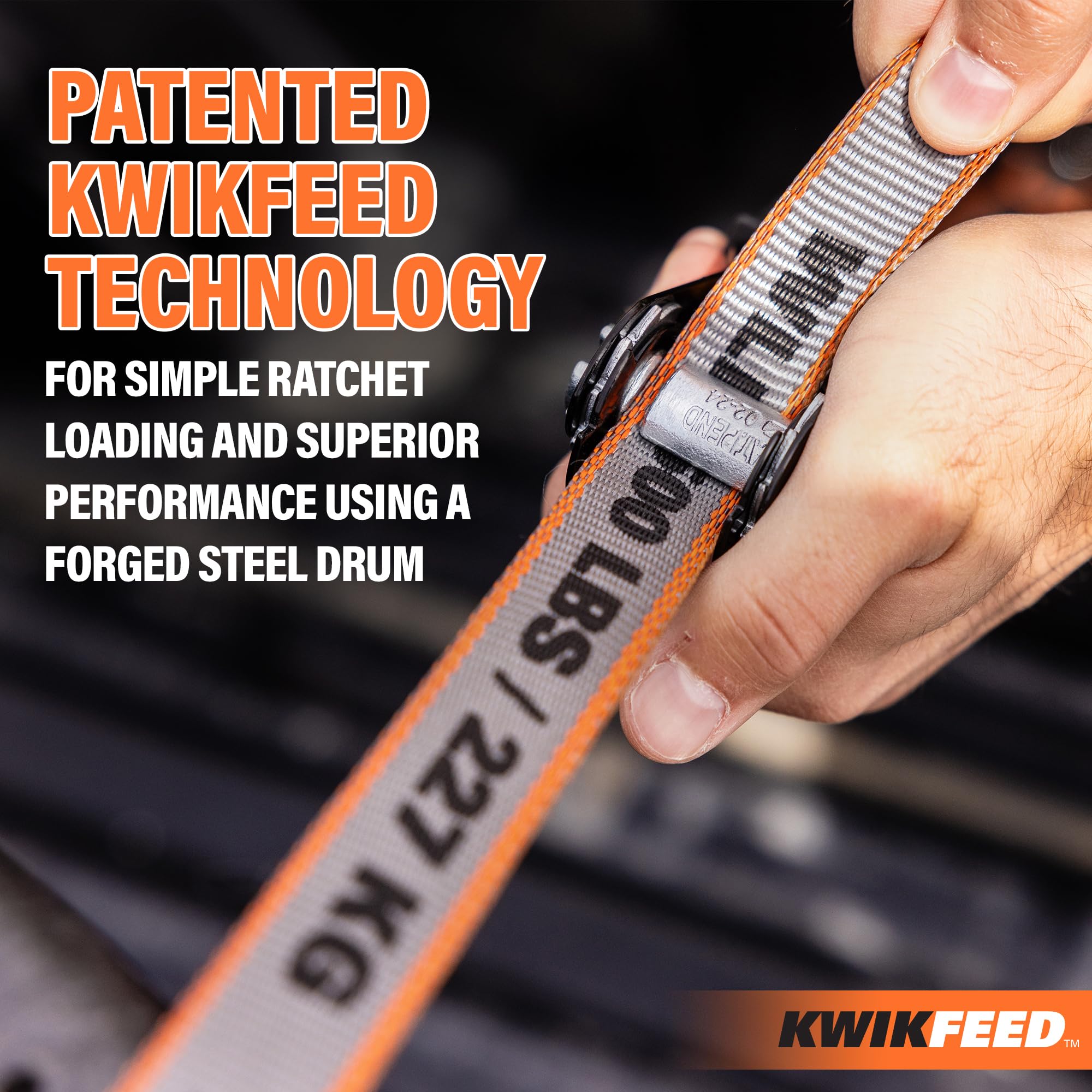 KwikFeed - Cinghie di fissaggio a cricchetto, carico e scarico rapidi, per moto, elettrodomestici, traslochi, carichi, 2,5 cm x 3,5 m, 226,8 kg WLL, fettuccia rinforzata, confezione da 2