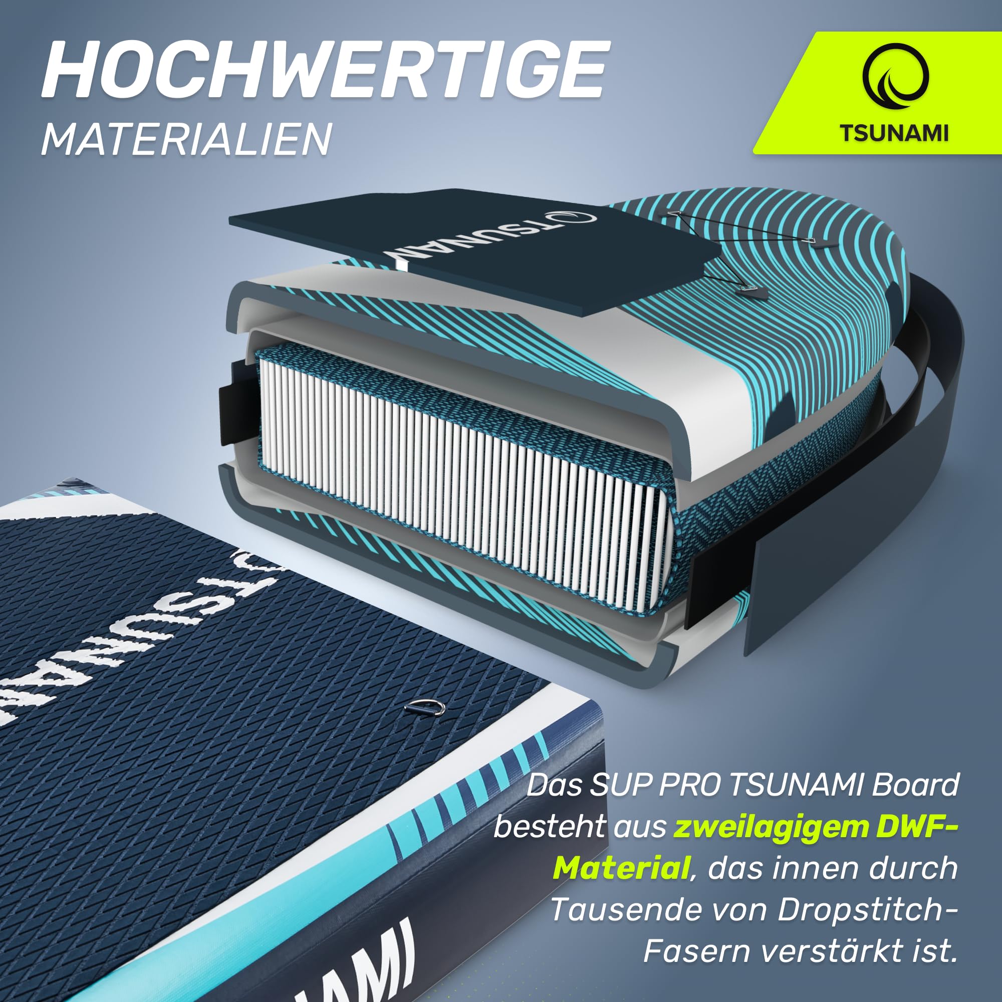TSUNAMI Stand Up Paddling Board PRO, SUP-Board mit Komplettes Zubehör, Pumpe und Sicherheitsleine, Tragkraft bis 160kg, Länge 350cm, Doppeltes Material und zusätzliche interne Verstärkungen