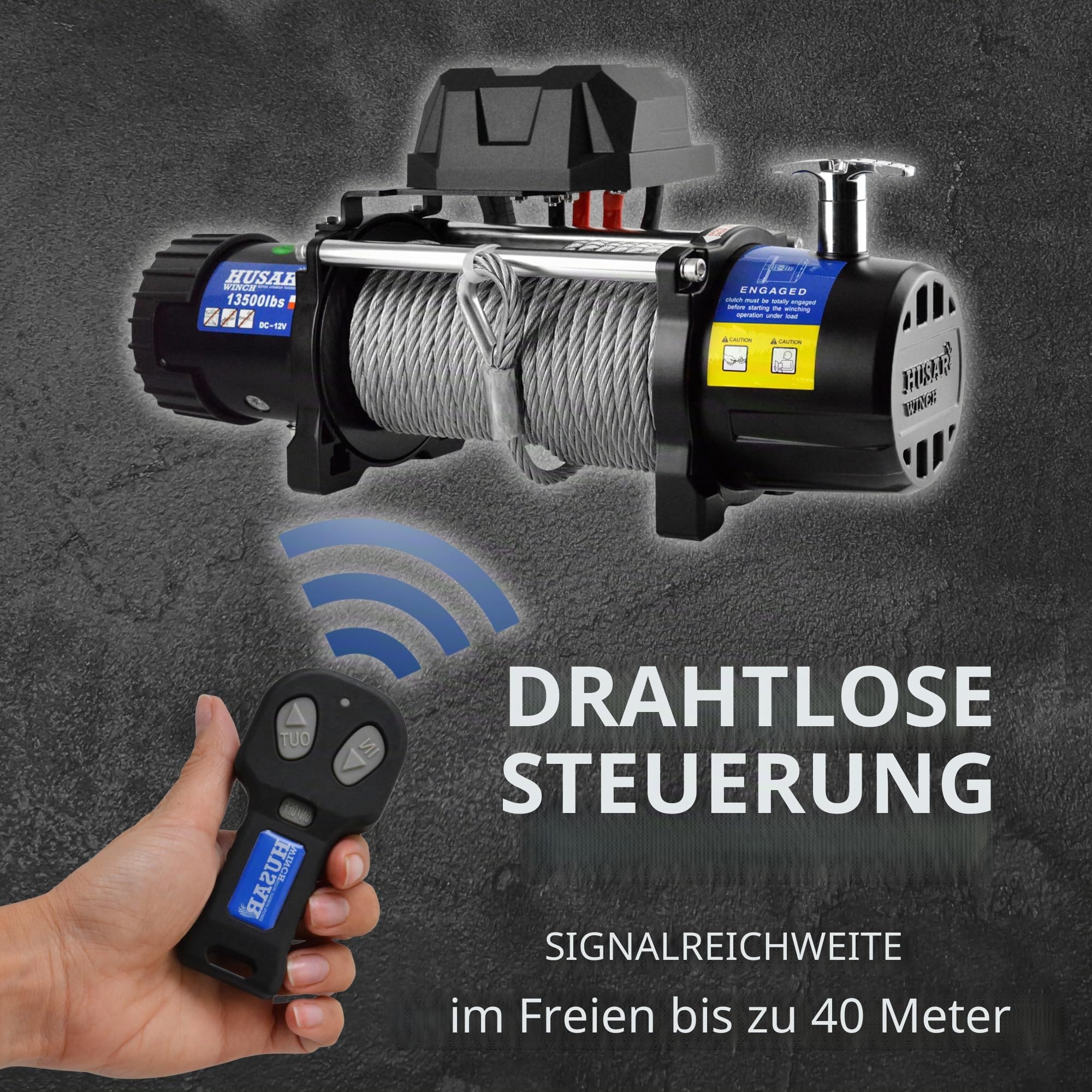Elektrische Seilwinde 13500 lbs | 6124 kg 12V mit Stahlseil 22 m x 9,5 mm, Funkfernbedienung, 3-stufiges Planetengetriebe, ideal für Geländefahrzeuge, 4x4 Fahrzeuge, OFF-ROAD