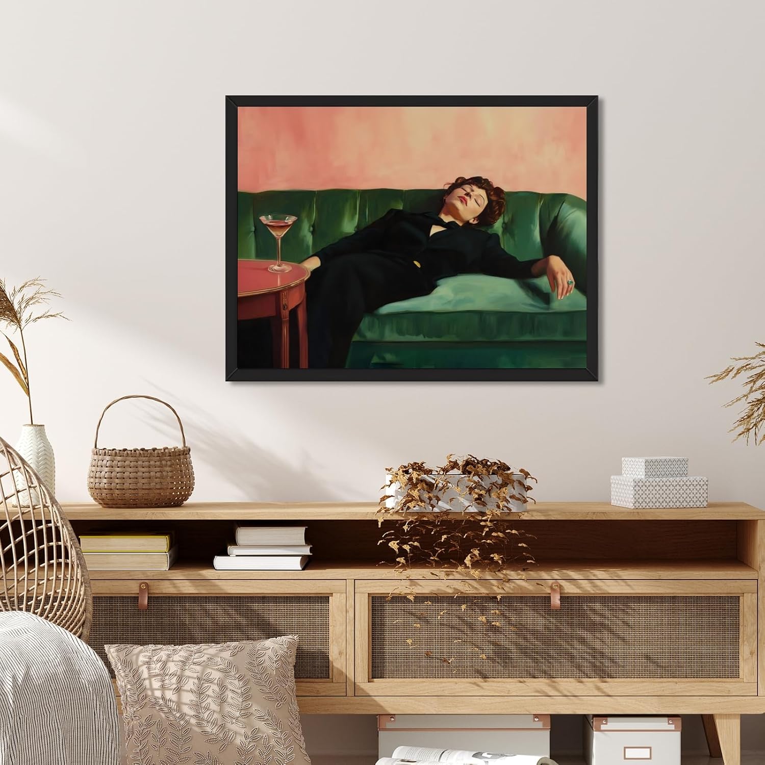 Woman on Couch with Martini Wall Art Print Soft Tonal Oil Painting Poster Vintage Cocktail Art Bar Cart Decor Trendy Aesthetic Canvas Gift Relaxed Glamour Picture Artwork 12x16inch Black Framed