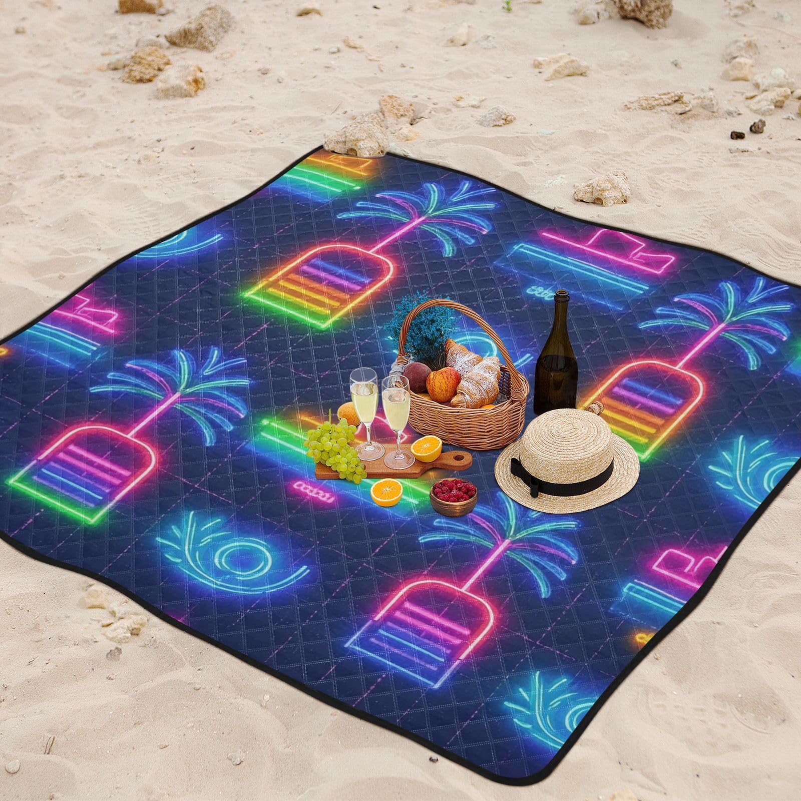 Manta de picnic impermeable de verano con diseño de barco de neón y cocotero, resistente al agua, manta de playa grande para picnic en el suelo