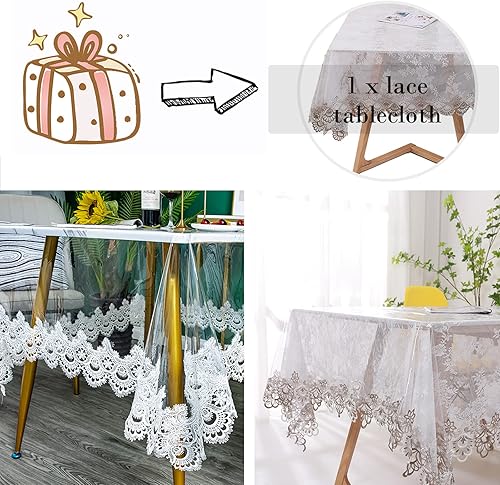 Miniatura 3 de Fhberni Mantel rectangular de plástico transparente, impermeable, de vinilo, PVC, bordado, borde de encaje, transparente, para cocina, uso en