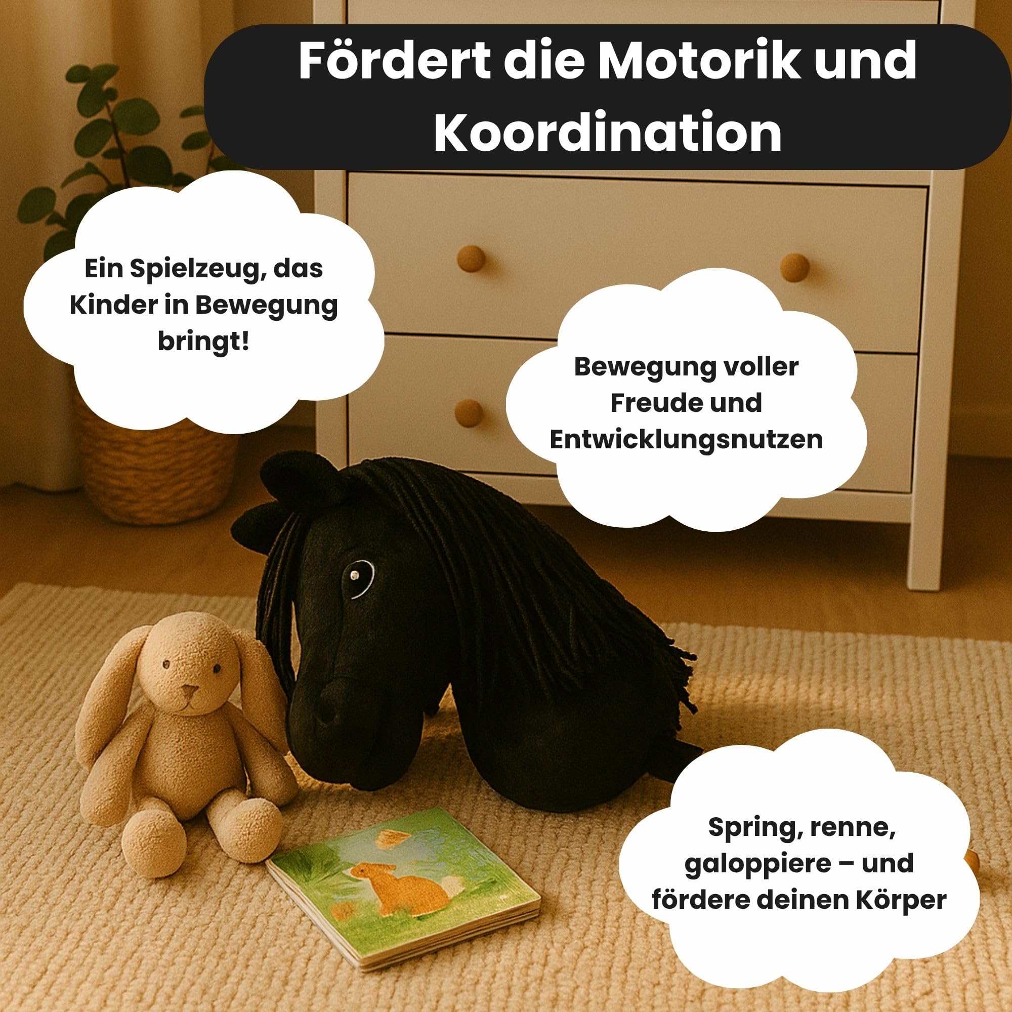 Start Hobby Horse – Cavallo con Bastone Realistico con Testa Morbida in Peluche e Lunga criniera da pettinare – Gioco Creativo e Attivo per Bambini, Regalo Perfetto (Benny (Nero) A3)