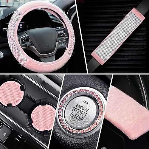 Miniatura 6 de Tallew Juego de 7 piezas de 15 pulgadas de color rosa brillante para volante, accesorios de automóvil para mujer, con diamantes de imitación, para