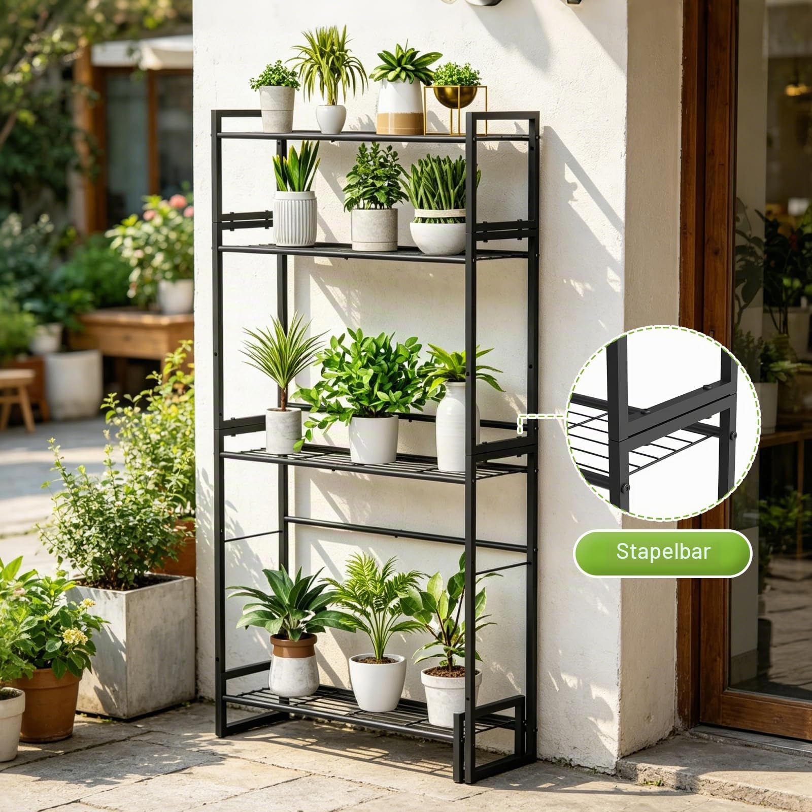 VyGrow Pflanzenständer, 4 Etagen, stapelbar, gestuft, Pflanzenständer, skalierbar, strapazierfähig, hoch, Pflanzenregal für drinnen und draußen, Garten, Ausstellungsregale, Blumentopfhalter, Schwarz