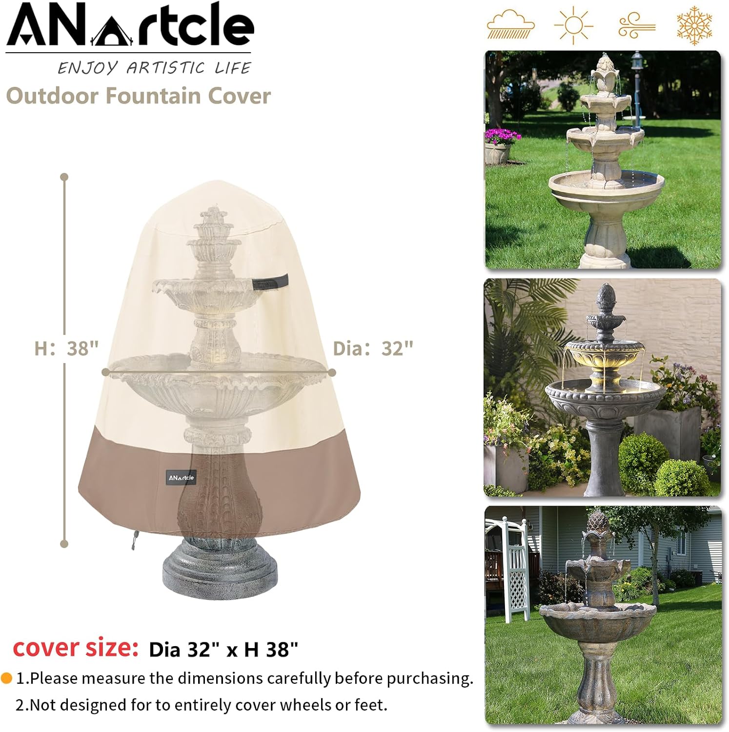ANartcle Outdoor Fountain Cover D 32"x H 38",600D Waterproof Heavy Duty Outdoor Fountain Covers,Garden Fountain Statue Protective Cover,Beige&brown