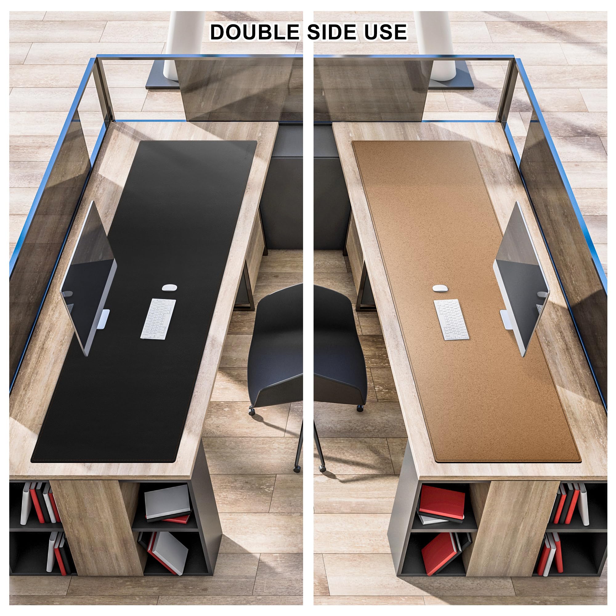 MAIDERN Tappetino da scrivania, 150 x 50cm tappetino per mouse bifacciale in sughero e pelle PU, tappetino da scrivania morbido e impermeabile per ufficio/casa(Nero)