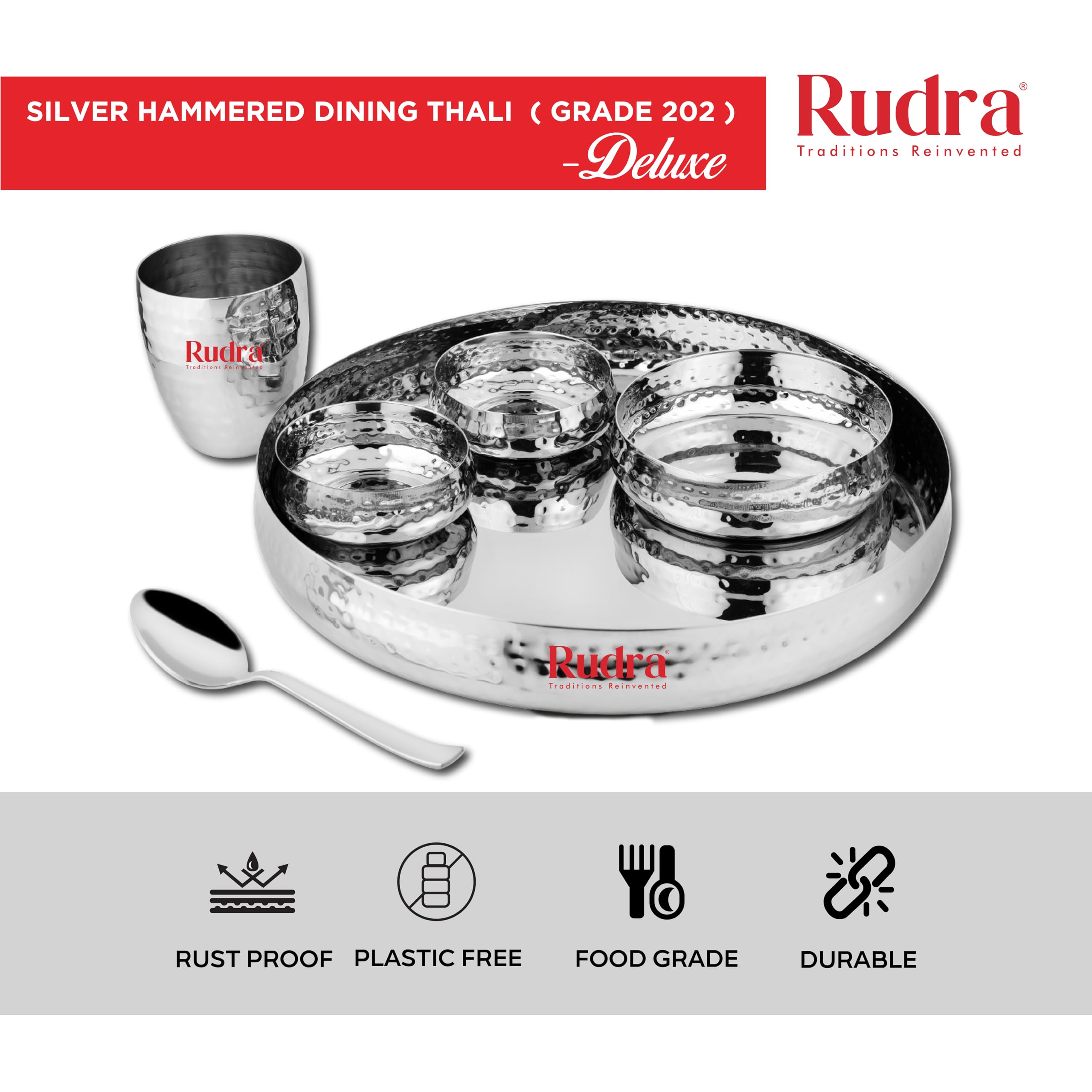 Rudra Stainless Steel 6 Piece Silver Hammered Dinner Thali Set | Grade 202-2 | for Gifting | for Home, Restaurants, Family| (14" Standard) 1