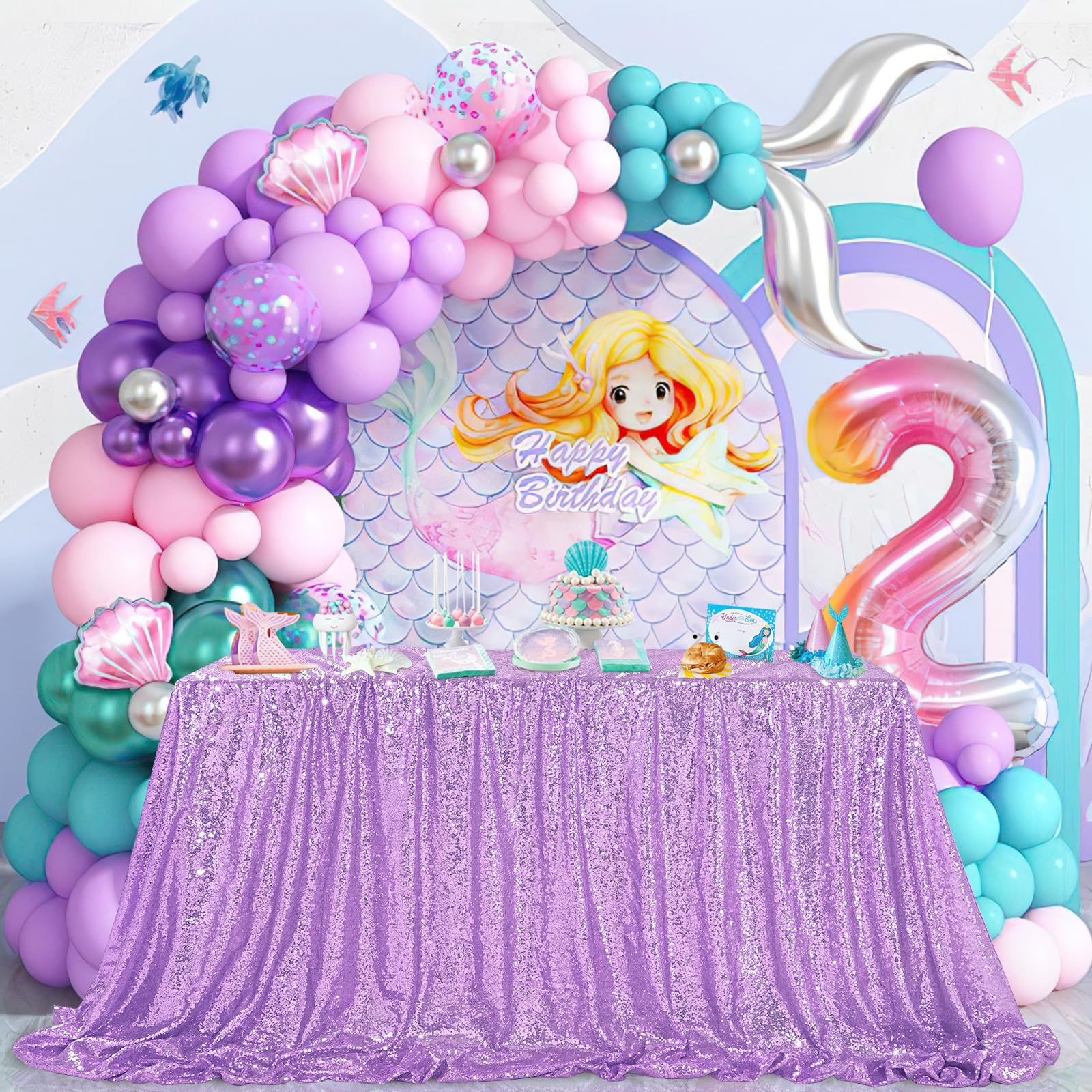 Queendream Tovaglia Con Paillettes, 152,4 X 259,1 Cm, Motivo Sirena, Color Lavanda Glitterata, Per Matrimoni, Compleanni, Baby Shower, Decorazioni A Forma Di Sirena-image