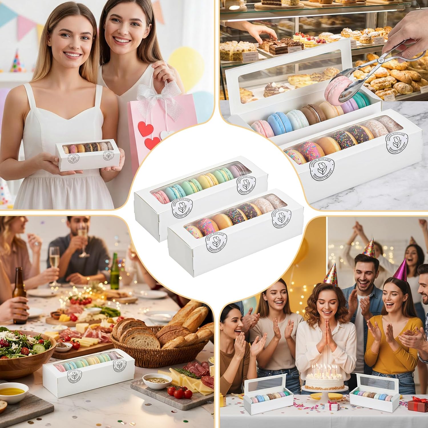 50 Pcs Macaron Boxes with Window, White Bakery Boxes with 100 pc Stickers, Cookie & Dessert Gifts Containers for Chocolate Covered Strawberry, Truffle, Donuts, Pastry, Wedding Gift
