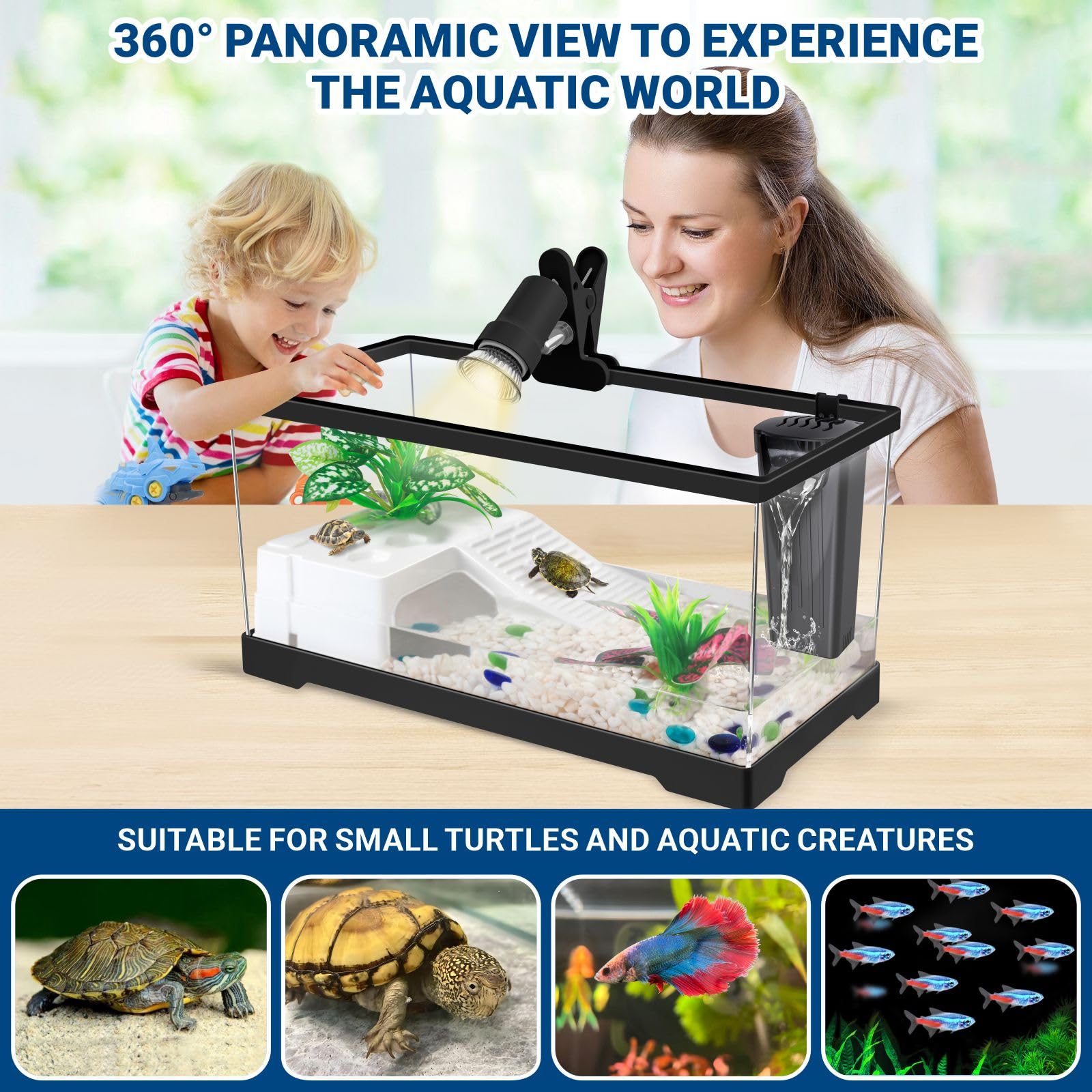 GOZILLA Kit de Tanque de Tortuga, lámpara y Filtro, Kit de Inicio de Tanque de Tortuga de PC con Filtro y lámpara Ajustable, Plataforma de hábitat de Reptiles con Tapa para Reptiles pequeños (19.68 x
