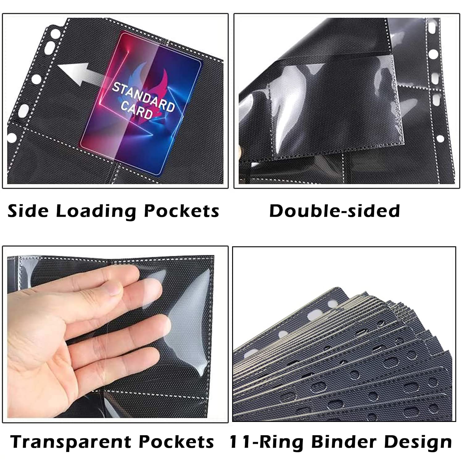 50 Fogli Protettivi Neri Per Carte Collezionabili | 900 Tasche Laterali Da 9,2x6,8 Cm | Adatti Per Raccoglitore A4 | Senza Acidi