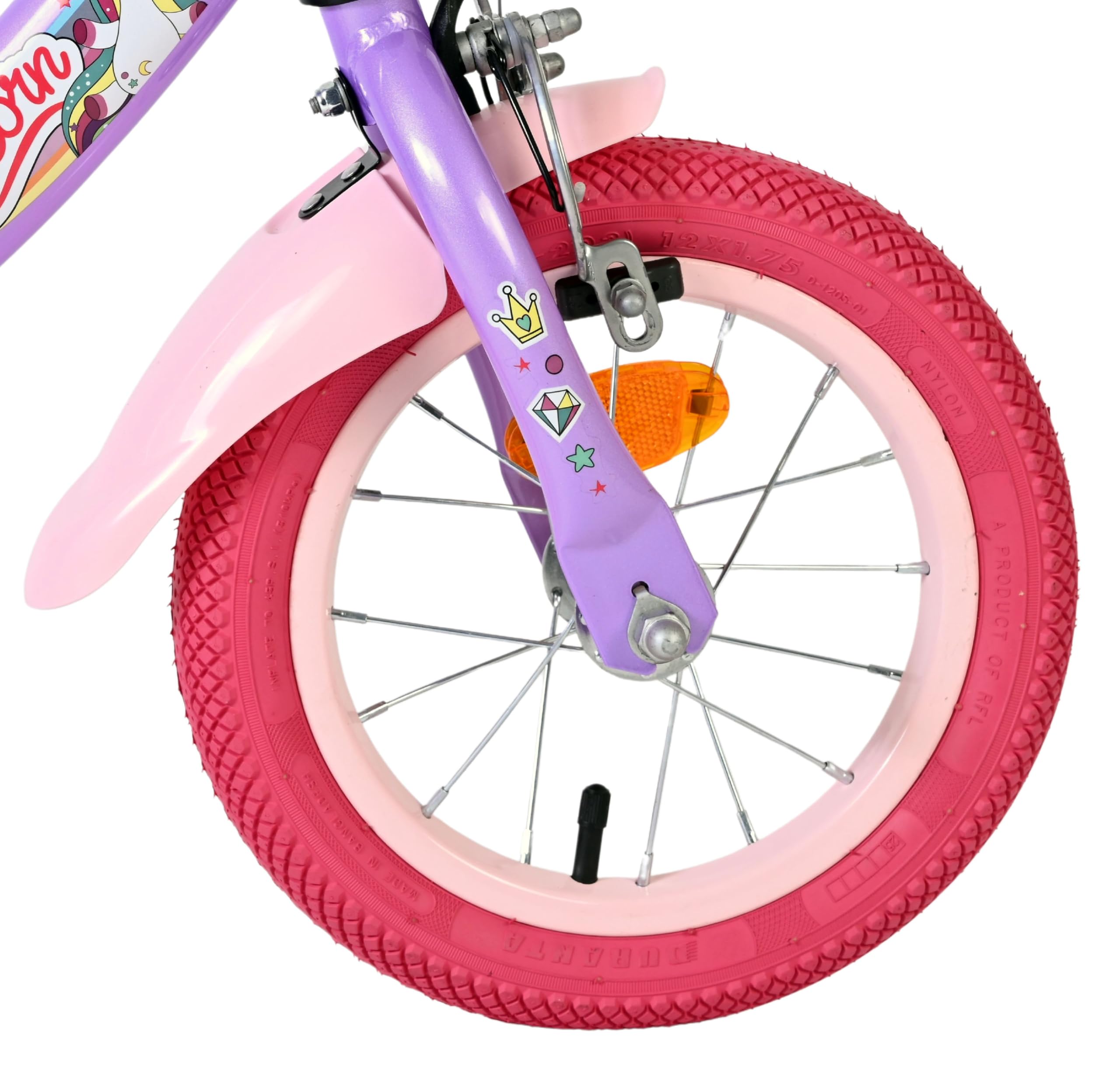 Volare Kinderfahrrad lila mit Einhorn-Sitz & rosa Felgen | Rücktritt & Handbremse | Stützräder | 3–5 Jahre | Robuste Reifen | Leicht montierbar | Geschenkidee
