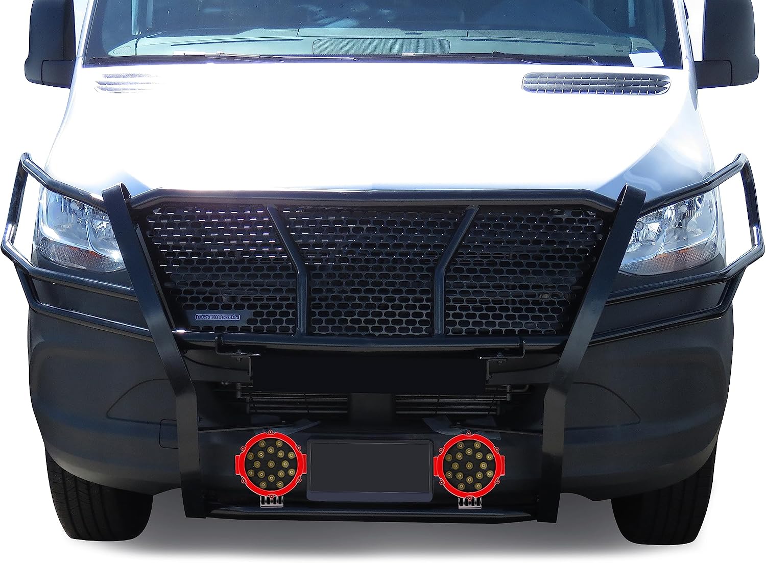 Black Horse RUGGED HD Grille Brush Bumper Guard Modular Black Come With pair of 7.0"LED Lights with Red Trim Rings Compatible with 2019-2026 Dodge Sprinter-Benz Sprinter 1500/2500/3500-RU-DOSP19-B-PLR