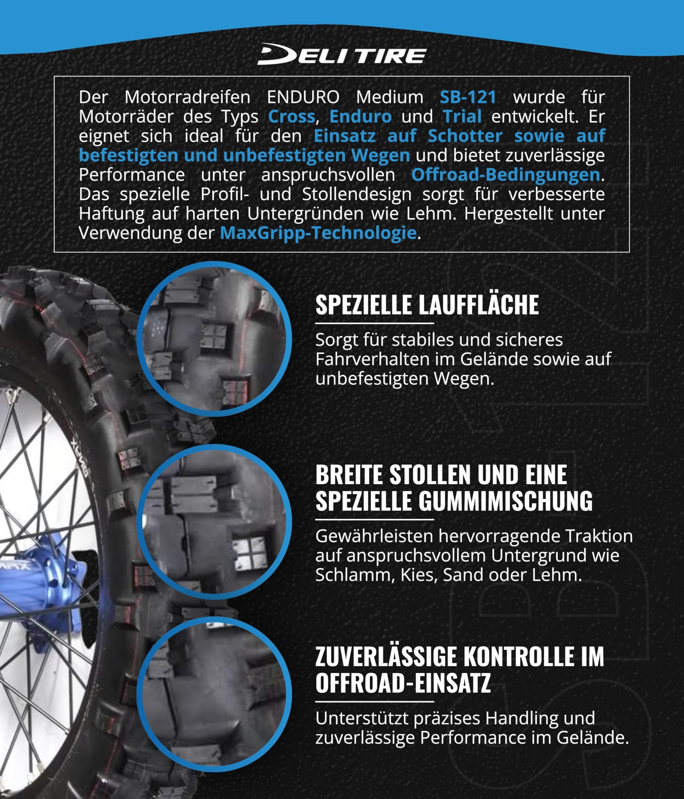 Deli Tire SB-121 FIM ENDURO COMPETITION 120/80-18 Enduro Pneu arrière Motocross