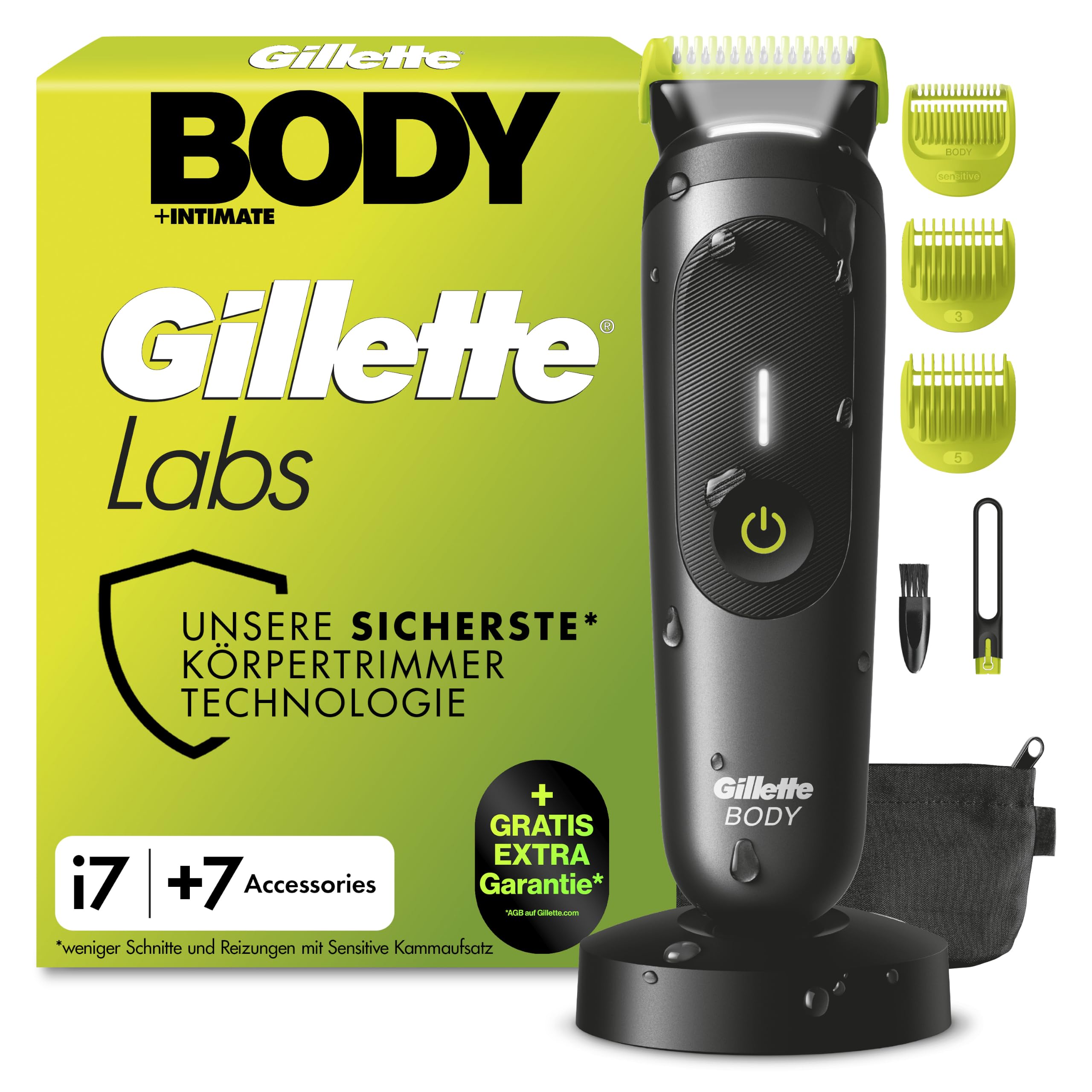 Gillette Labs i7 Body + Intimate Trimmer Herren, Schwarz/Grün | Intimrasierer Mann für Körper, Intimbereich mit SkinFirst-Technologie, Wasserdichte, Inkl. 7 Zubehörteile