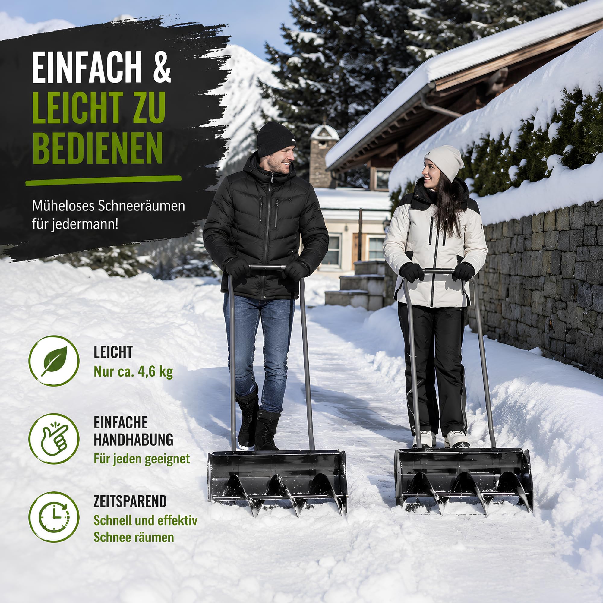 Snow Mover Schneefräse 60 cm Schneeschieber mit Aluminiumkante, INKLUSIVE Eisschaber, Schneepflug Schneeschaufel Ergonomisch Schwarz