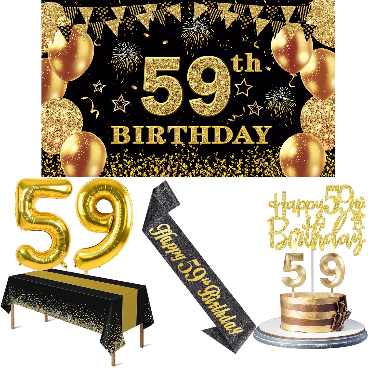 59th Birthday Decorations Men Women with 59th Birthday Banner, Black and Gold Table Cloth, Number Balloons, Large Sash, Cake Topper and Candles