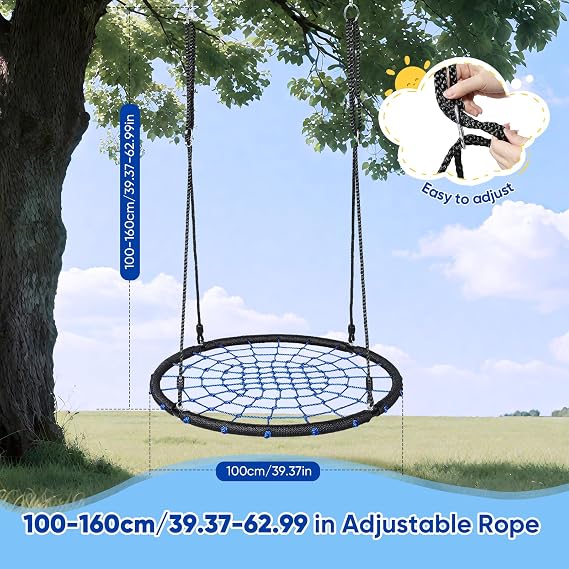 Spider Web Saucer Tree Swing, 450lbs,Adjustable Heightfor Kids and Adults, Outdoor Net Swing with Steel Frame and 2 Hanging Straps (Blue-100cm)