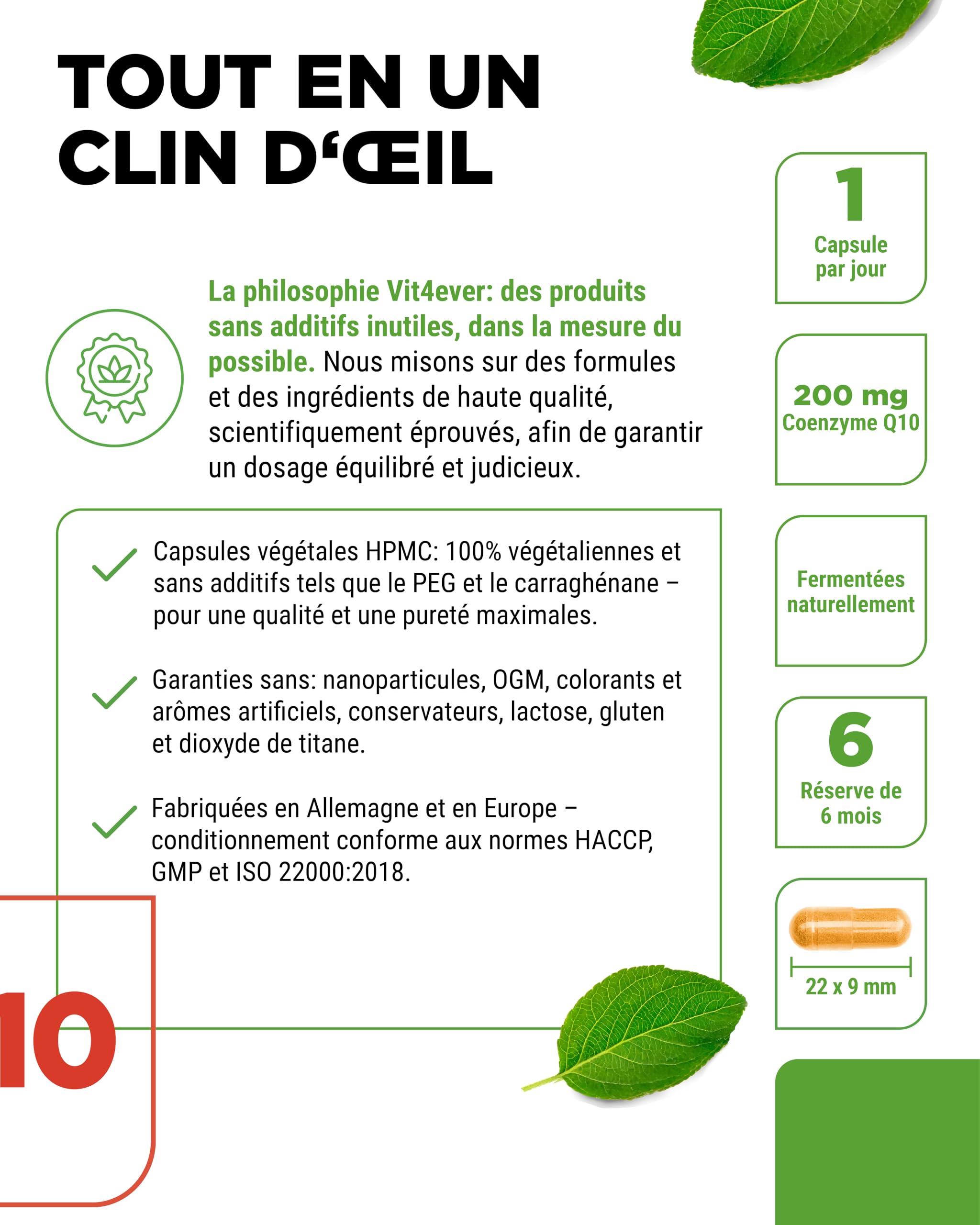 Coenzyme Q10 avec 200 mg par Gélule - 180 Gélules Vegan - 6 Mois de Réserve - Q10 de Haute Qualité - Hautement Dosé, sans Additifs Inutiles