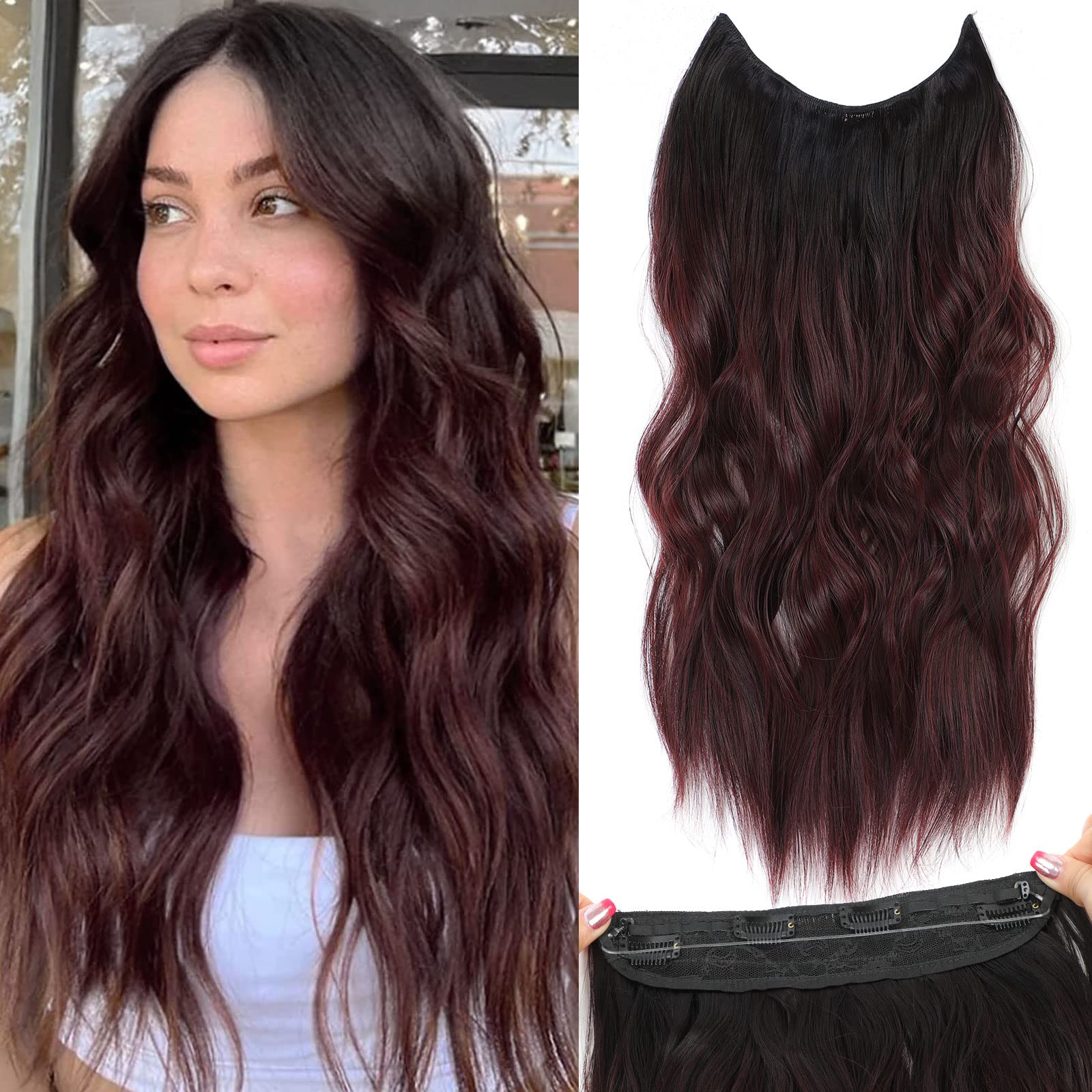 BUPPLER Halo Hair Extensions 20 Inch Invisible Wire Hair Extensions Adjustable Long Wavy Hairpiece Synthetic Upgrade 4 Secure Clips in Hairpieces 20 Inch,Black to Burgundy