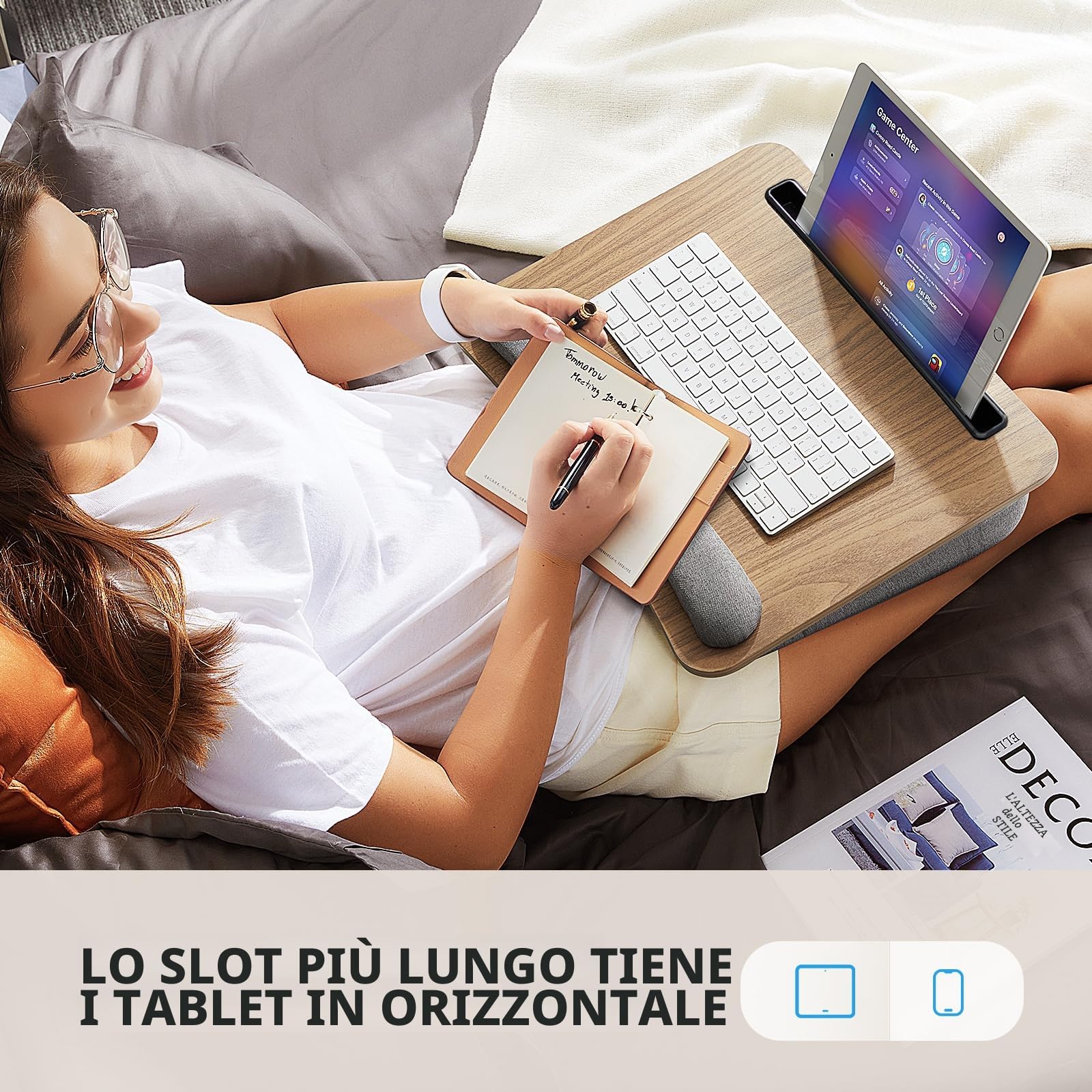HUANUO Scrivania portatile per laptop con cuscino, con striscia antiscivolo & funzione di archiviazione per gli studenti dell'home office da utilizzare(16,53'×11,81')
