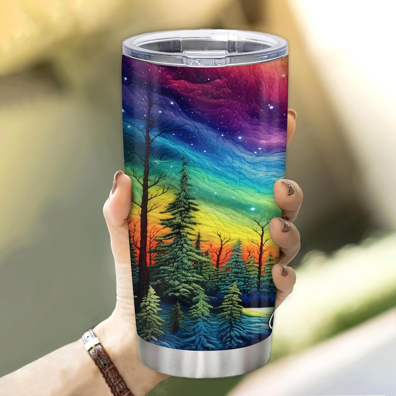 Hyturtle Personalized Gifts For Northern Lights Lover - Aurora Rainbow Skyline Prints Customized Name Stainless Steel Tumbler 20 oz With Lid - Idea Gifts For Women, Girl, Kids On Birthday, Christmas