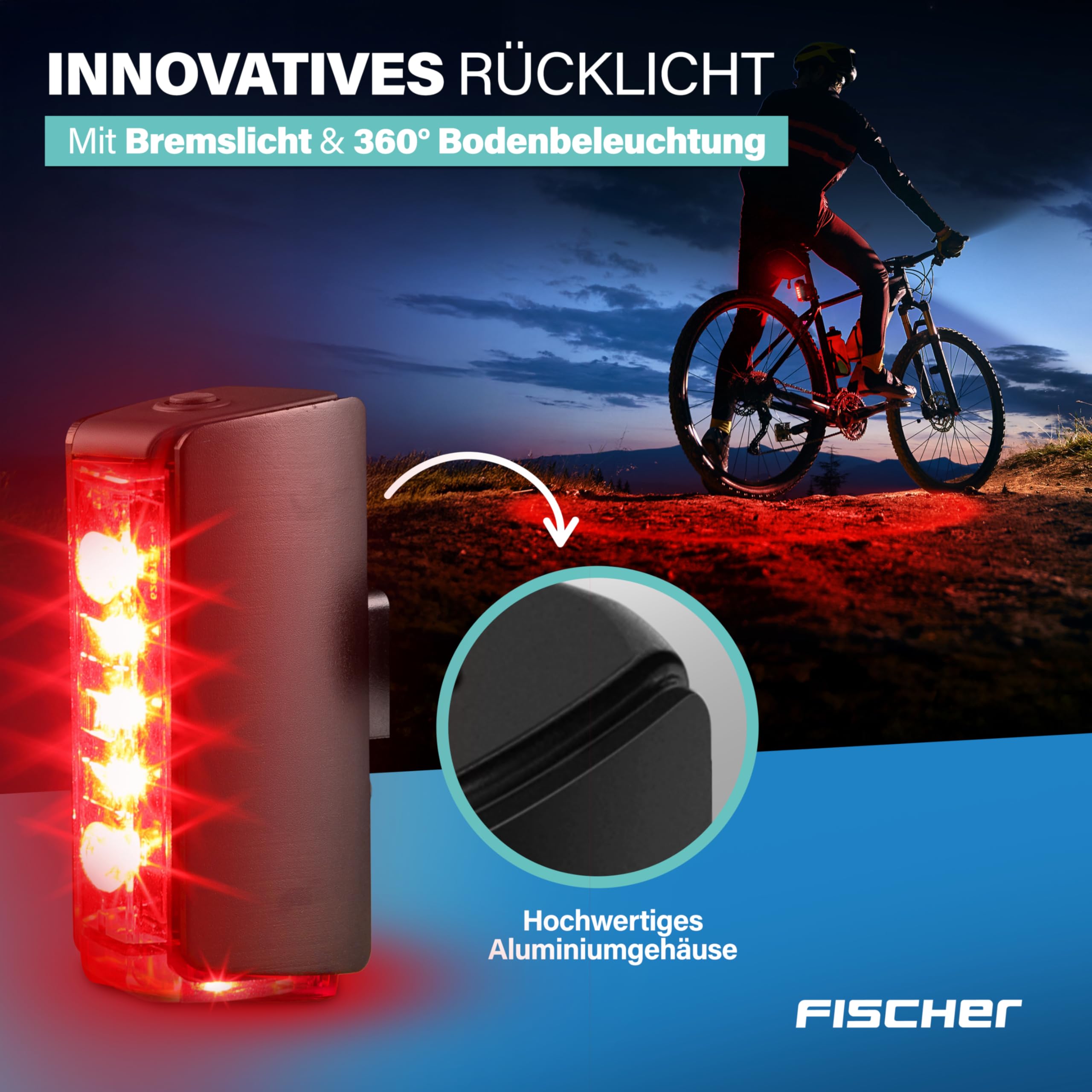 Fischer Fahrrad LED-Akku Beleuchtungs-Set Twin Stop 100 Lux, mit Sensormodus, Lange Leuchtdauer, stabiles Aluminium-Gehäuse, schwarz, 1 Stück