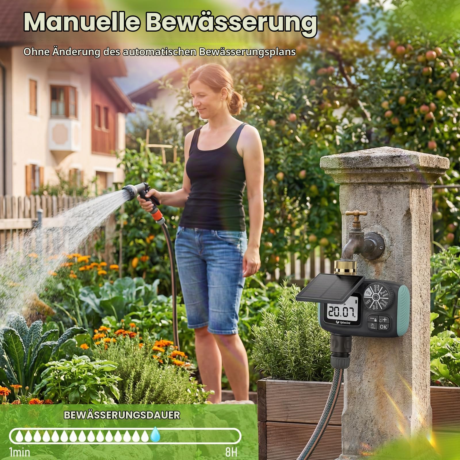 Bewässerungscomputer mit Solarenergie, Programmierbare Wasser Bewässerungsuhr LCD-Display Automatische Zeitschaltuhr mit Regenverzögerung/Automatischem & Manueller Modus für Garten und Rasen
