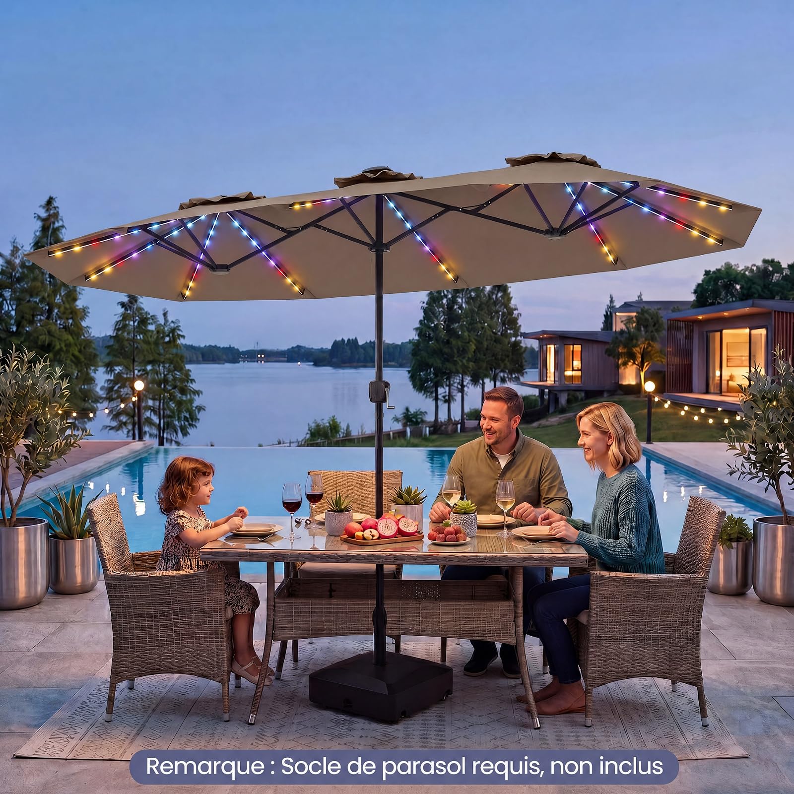 RELAX4LIFE Grand Parasol Double avec LED Multicolore, Parasol de Jardin Extérieur 4M, 12 Baleines, Manivelle, Mât en Métal Revêtu, Polyester Résistant, Abri Solaire pour Terrasse Événement (Marron)
