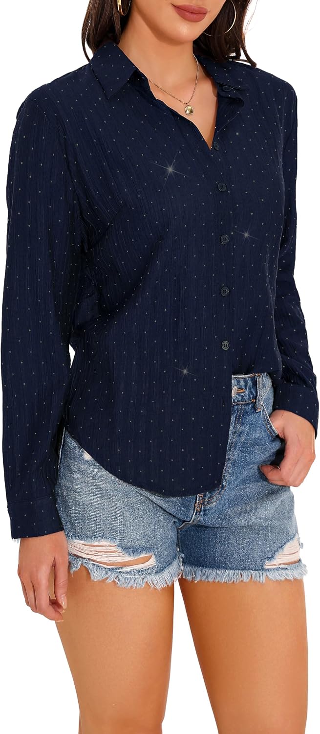 GUANYY Women's Sheer Button Down Shirt Rhinestone Sparkly Mesh Chiffon Blouse Long Sleeve Casual Top