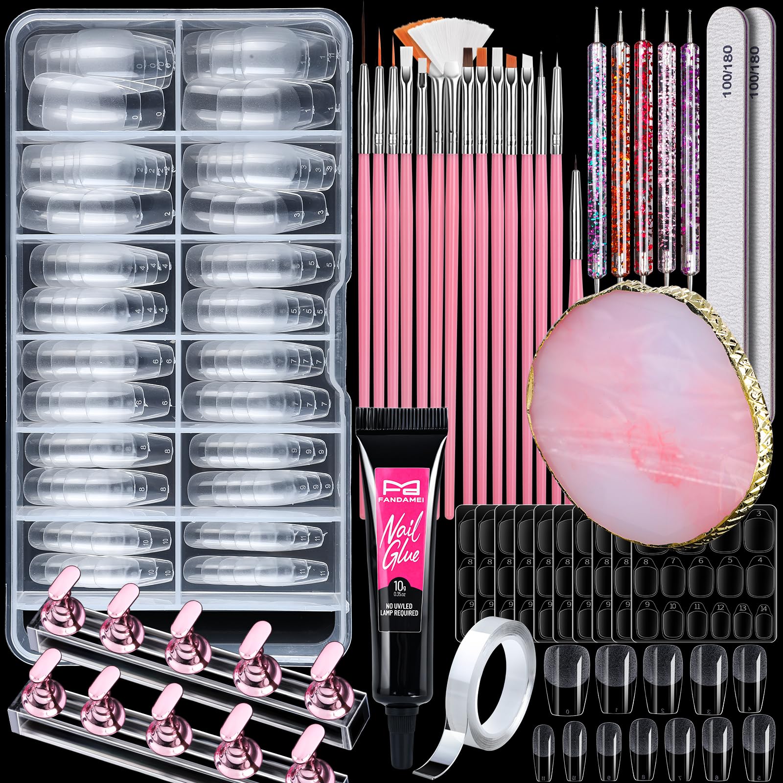 FANDAMEI Nail Art Kit, Nail Brushes Set with Nail Design Dotting Tools, Mixing Palette, Nail Stand. Fake Nail Kits with Short Coffin Square Gel Nail Tips, Nail Glue, Adhesive Tabs, Nail File Supplies.