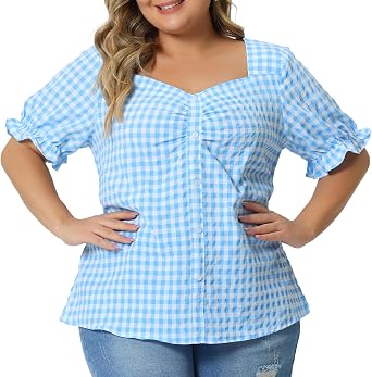 Agnes Orinda Womens Plus Size Gingham Tops 1950s Sweetheart Neck Flounce Sleeve Summer Blouse Top