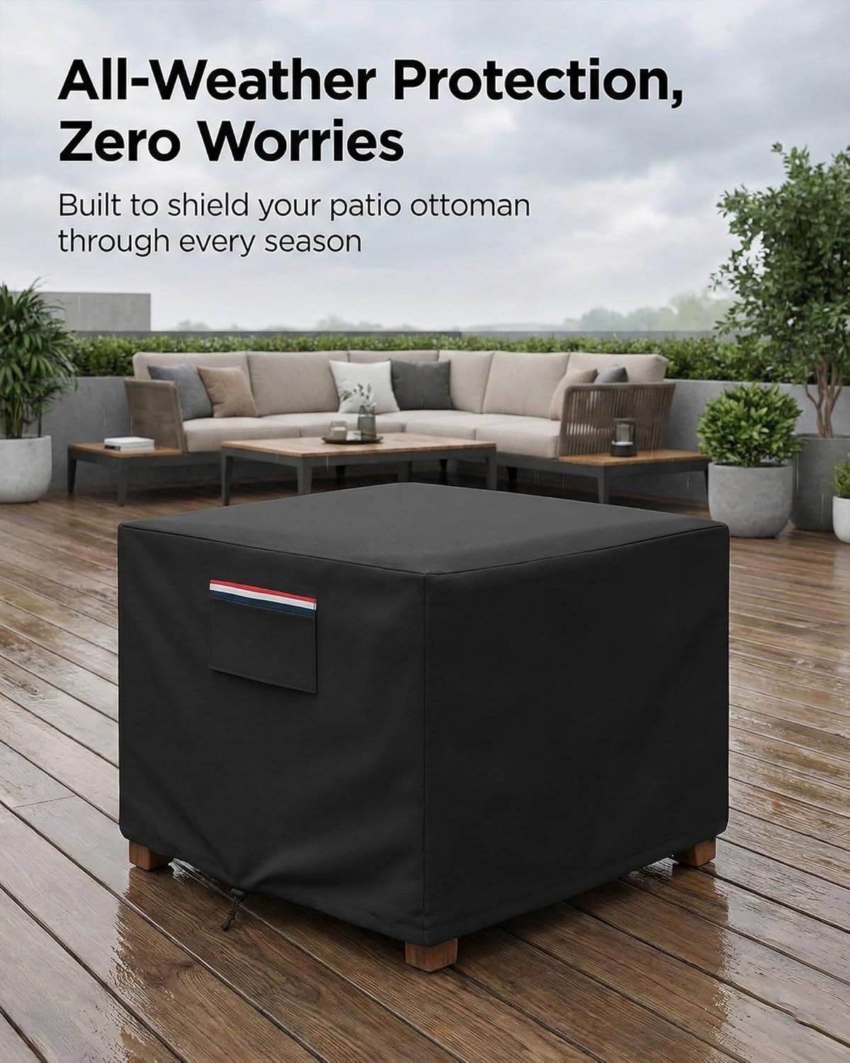 Square Waterproof Patio Ottoman Cover, 600D Heavy Duty Outdoor Furniture Cover with Windproof Buckles Air Vents, All-Weather Protector for Patio Ottoman or Outdoor Side Table 25 x 25 x 18 Inch, Black