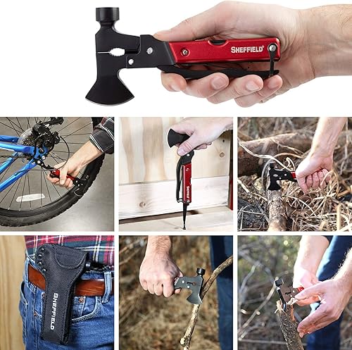 Miniatura 7 de Sheffield 12138 Multiherramienta 14 en 1 de hacha, relleno de calcetines, hacha de camping viene con funda de hacha de poliéster 1680D,