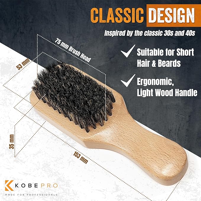 Kobe Light Wood Club Brush for Men – Boar Bristle Beard & Hair Styling Tool for Short Hair, Gentle Scalp Care, Daily Grooming & Travel