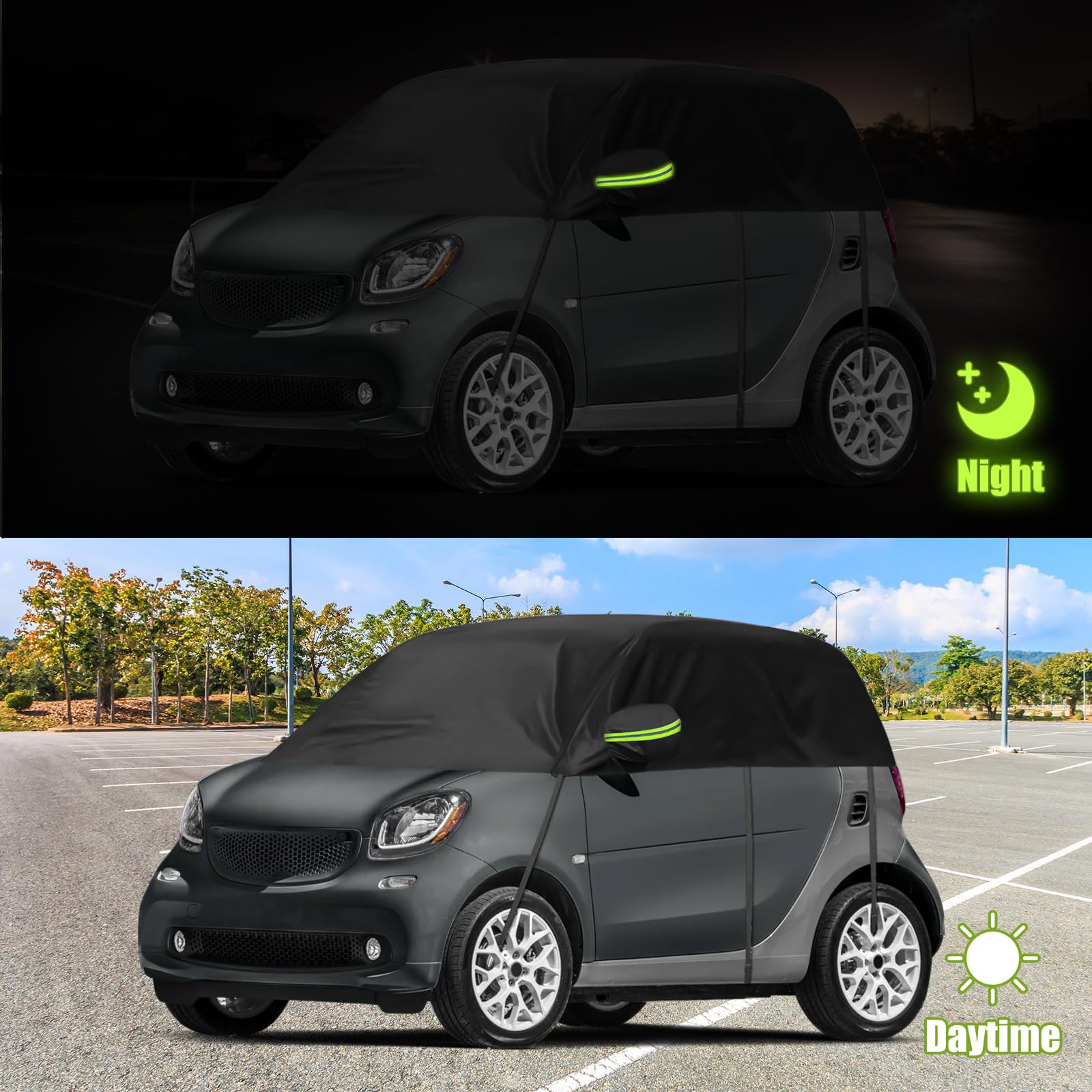 Pokrowiec na samochód zewnętrzny średni kompatybilny z Smart Fortwo 2006-2025, wodoodporny pokrowiec samochodowy przeciw słońcu śnieg mróz czarny