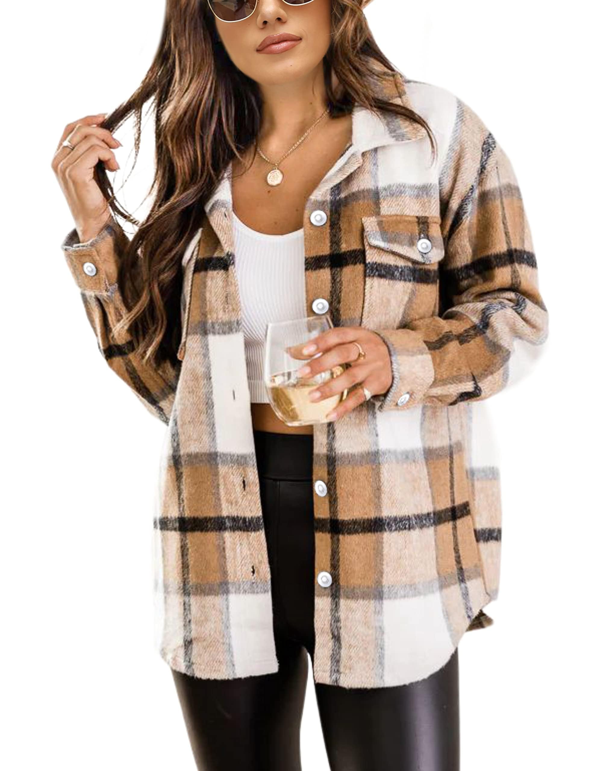 TanmingWomens Flannel Plaid Shacket Wool Blend Button Down Shirt Fall Fashion Jacket