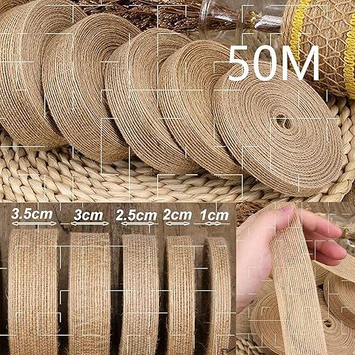 Miniatura 2 de 5 rollos de cintas de yute, cinta de encaje para manualidades, color natural, cinta de arpillera de yute natural, cinta con alambre natural para