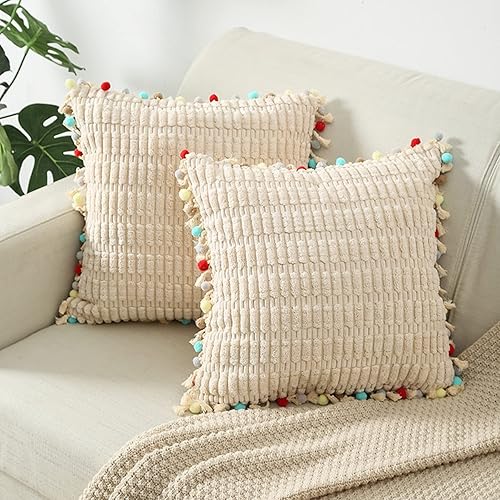Juego de 2 fundas de almohada decorativas con pompones, de terciopelo suave, estilo bohemio, para sofá, cama, sofá, cama, sala de estar, funda de