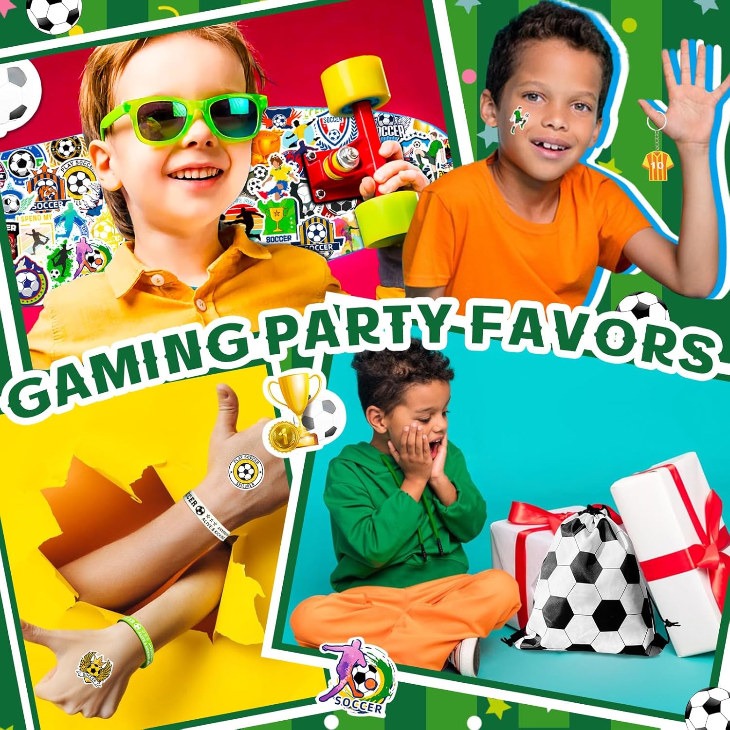 110Pcs Soccer Party Favors Drawstring Bags Soccer Goodie Bag with Mini Ball, Wristband, Slap bracelets, Keychains, Stickers for Soccer Party Supplies - Image 4