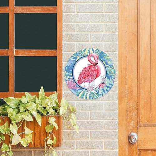Miniatura 3 de Letrero redondo de metal con corona de Navidad, diseño de flamenco rosa tropical, decoración de Navidad, para colgar en la pared, arte de metal,