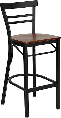 Miniatura 1 de Flash Furniture HERCULES Series - Taburete de bar de metal con respaldo de escalera de dos listones color negro - Asiento de madera de cerezo