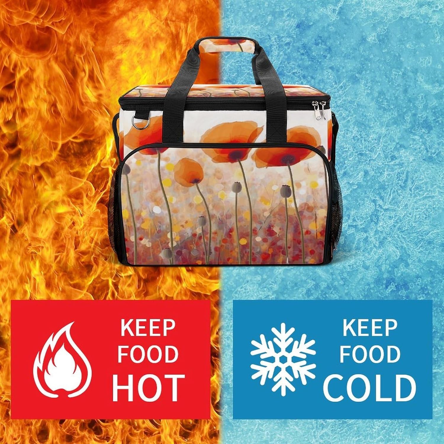 Insulated Picnic Backpack Tote Bag, Large Capacity 30L Red Flowers Cooler Bag Leakproof Beach Bags Portable Lunch Box Waterproof Picnic Basket for Beach Camping BBQ