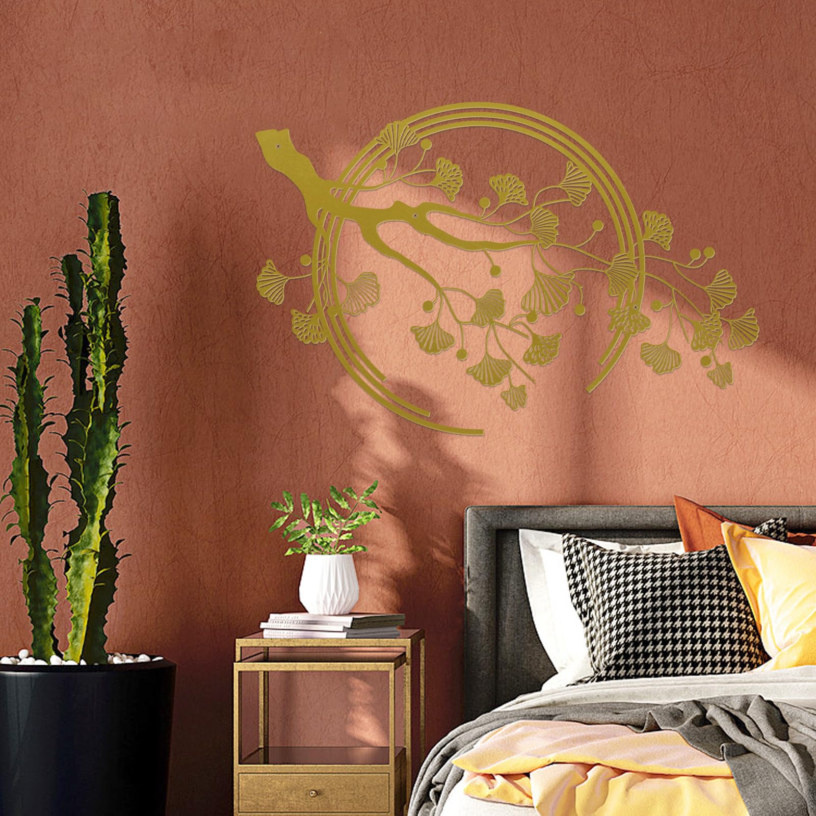 Décoration murale en métal avec grandes feuilles de ginkgo - Convient pour le salon, la chambre, le bureau, le bureau (doré)