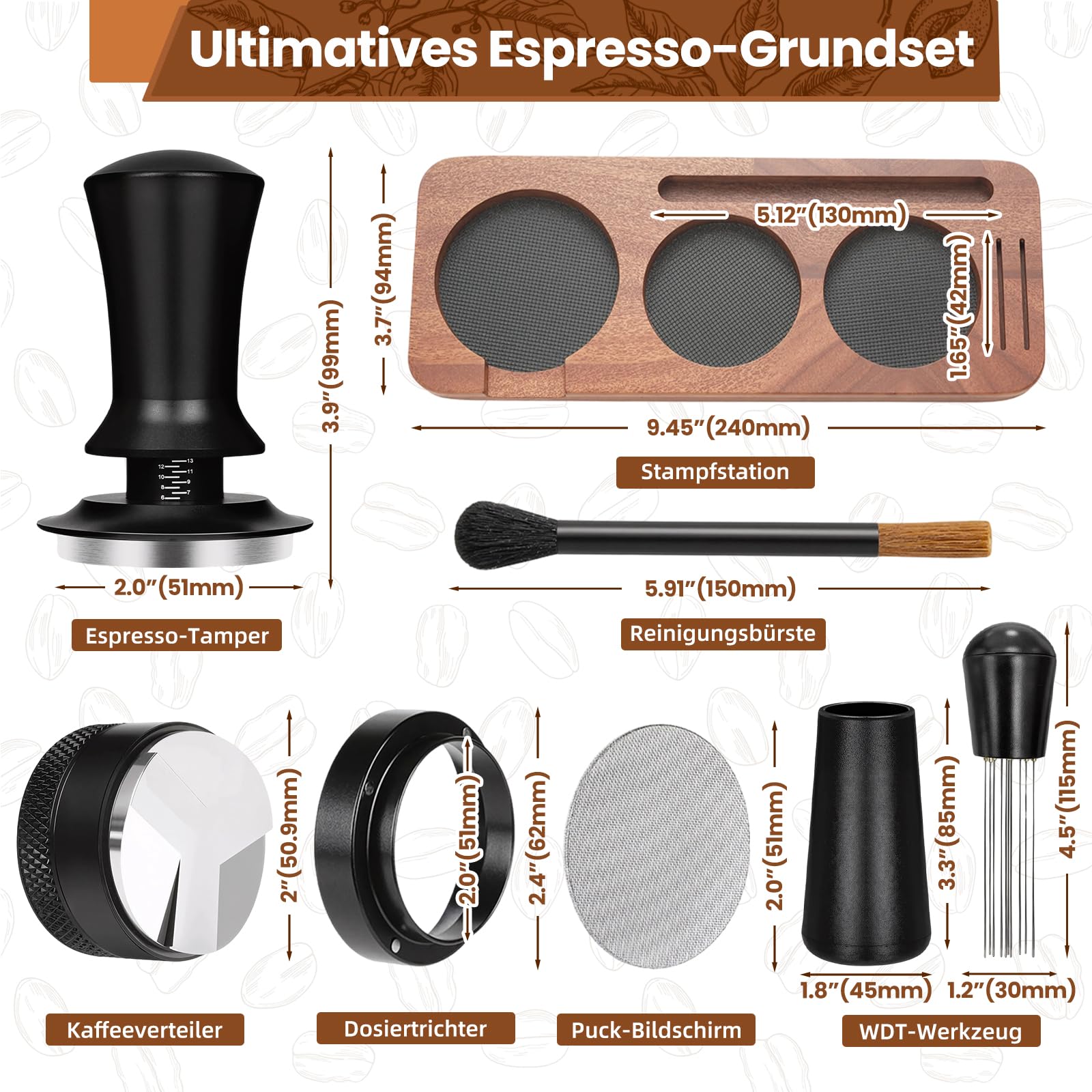 Juego de accesorios para café expreso de 51 mm, 7 piezas, incluye herramienta WDT de 51 mm, apisonadora, distribuidor, anillo dosificador y estación de prensado, para cafeteras y cafeteras